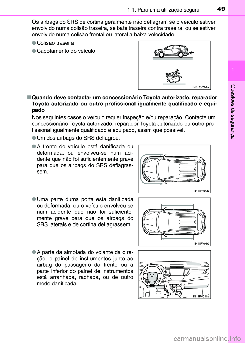 TOYOTA RAV4 2016 Manual de utilização (in Portuguese) 491-1. Para uma utilização segura
1
Questões de segurança
Os airbags do SRS de cortina geralmente não deflagram se o veículo estiver
envolvido numa colisão traseira, se bate tr aseira contra tr TOYOTA RAV4 2016 Manual de utilização (in Portuguese) 491-1. Para uma utilização segura
1
Questões de segurança
Os airbags do SRS de cortina geralmente não deflagram se o veículo estiver
envolvido numa colisão traseira, se bate tr aseira contra tr