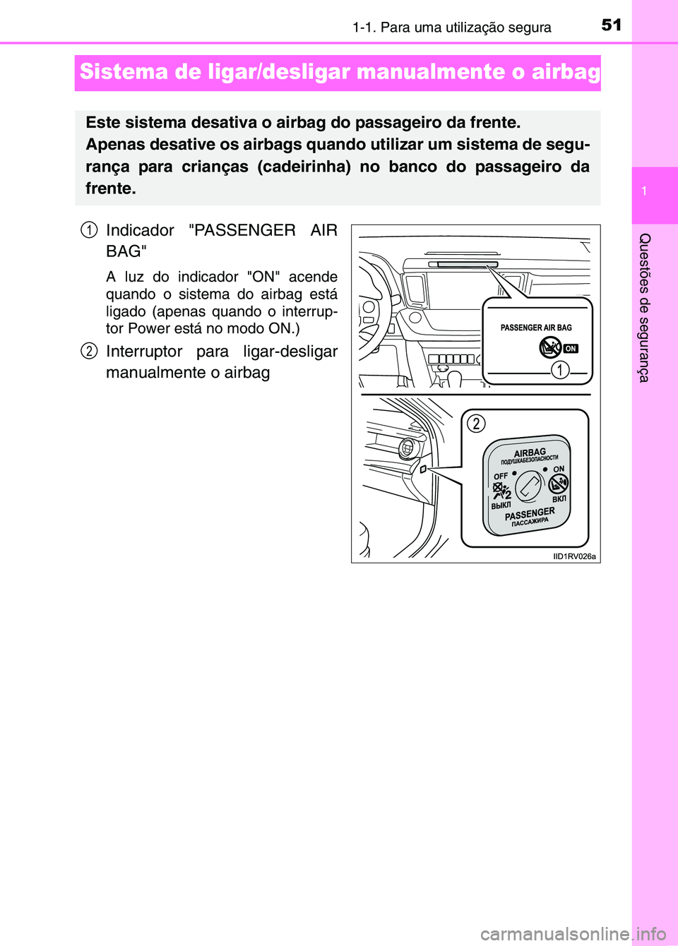 TOYOTA RAV4 2016 Manual de utilização (in Portuguese) 511-1. Para uma utilização segura
1
Questões de segurança
Sistema de ligar/desligar manualmente o airbag
Indicador "PASSENGER AIR
BAG"
A luz do indicador "ON" acende
quando o sistema do airbag est TOYOTA RAV4 2016 Manual de utilização (in Portuguese) 511-1. Para uma utilização segura
1
Questões de segurança
Sistema de ligar/desligar manualmente o airbag
Indicador "PASSENGER AIR
BAG"
A luz do indicador "ON" acende
quando o sistema do airbag est