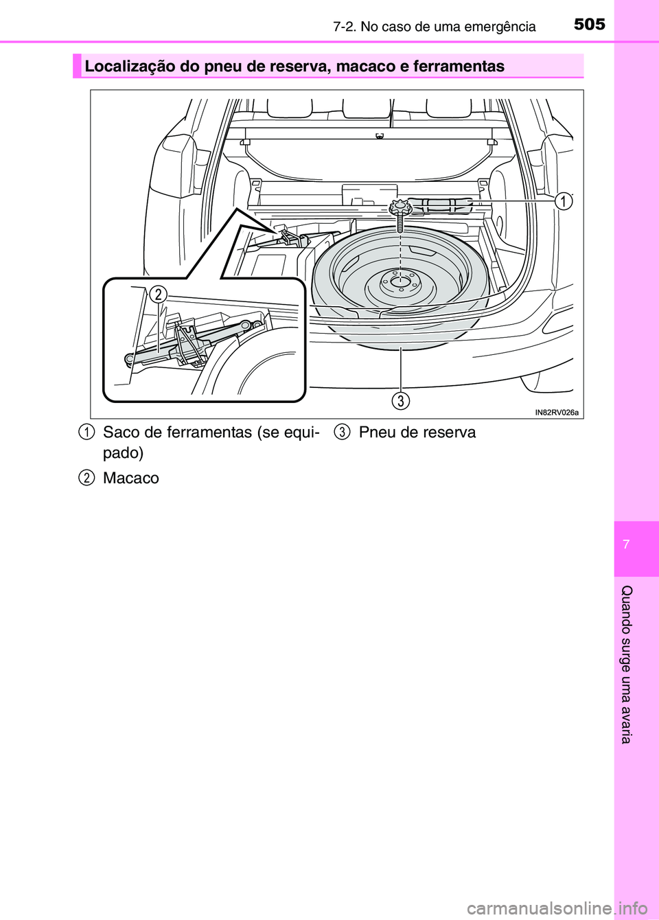 TOYOTA RAV4 2016 Manual de utilização (in Portuguese) 5057-2. No caso de uma emergência
7
Quando surge uma avaria
Localização do pneu de reserva, macaco e ferramentas
Saco de ferramentas (se equi-
pado)
MacacoPneu de reserva1
2
3
sec_07-02.fm Page 50 TOYOTA RAV4 2016 Manual de utilização (in Portuguese) 5057-2. No caso de uma emergência
7
Quando surge uma avaria
Localização do pneu de reserva, macaco e ferramentas
Saco de ferramentas (se equi-
pado)
MacacoPneu de reserva1
2
3
sec_07-02.fm Page 50