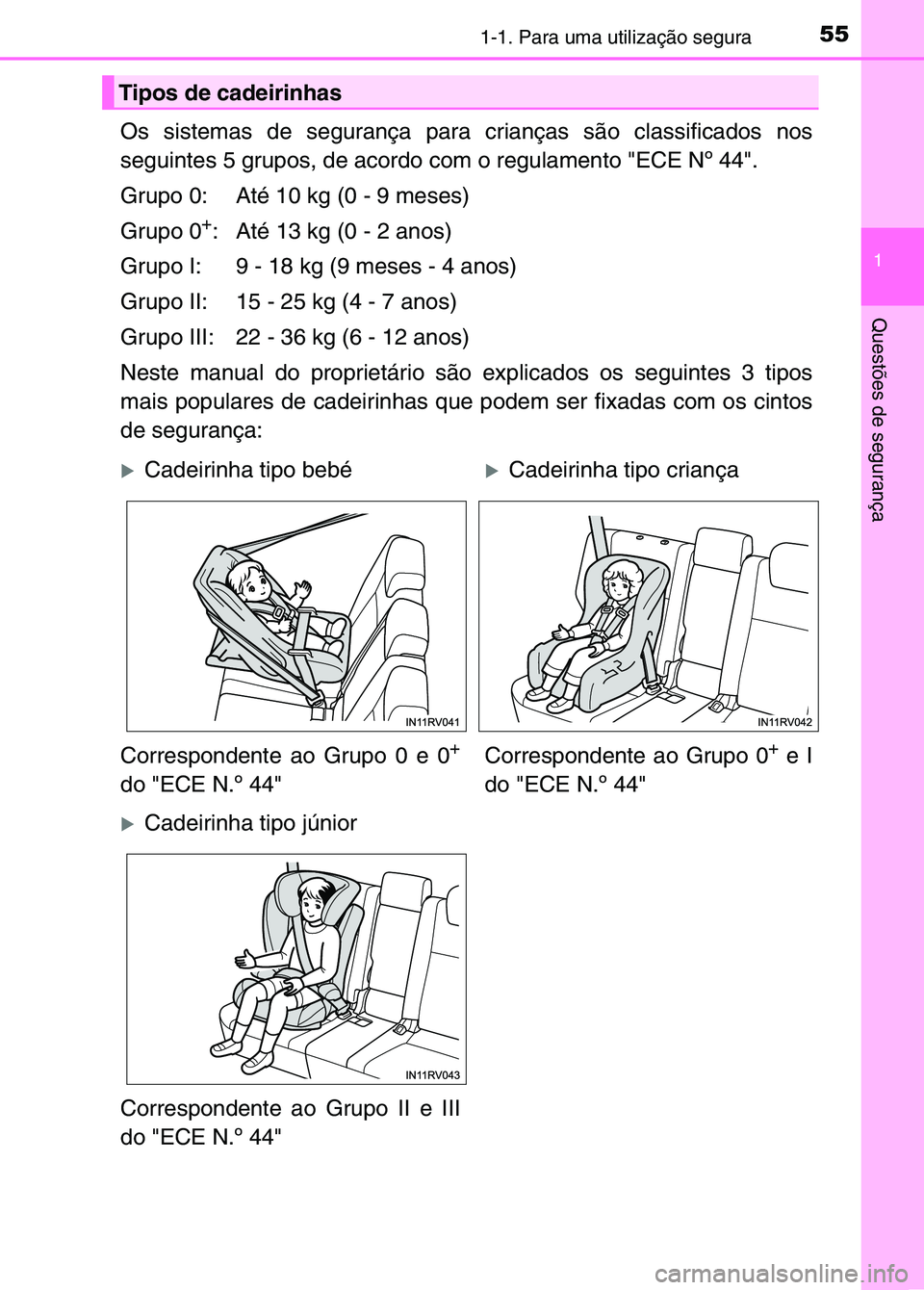 TOYOTA RAV4 2016 Manual de utilização (in Portuguese) 551-1. Para uma utilização segura
1
Questões de segurança
Os sistemas de segurança para crianças são classificados nos
seguintes 5 grupos, de acordo com o regulamento "ECE Nº 44".
Grupo 0: At TOYOTA RAV4 2016 Manual de utilização (in Portuguese) 551-1. Para uma utilização segura
1
Questões de segurança
Os sistemas de segurança para crianças são classificados nos
seguintes 5 grupos, de acordo com o regulamento "ECE Nº 44".
Grupo 0: At
