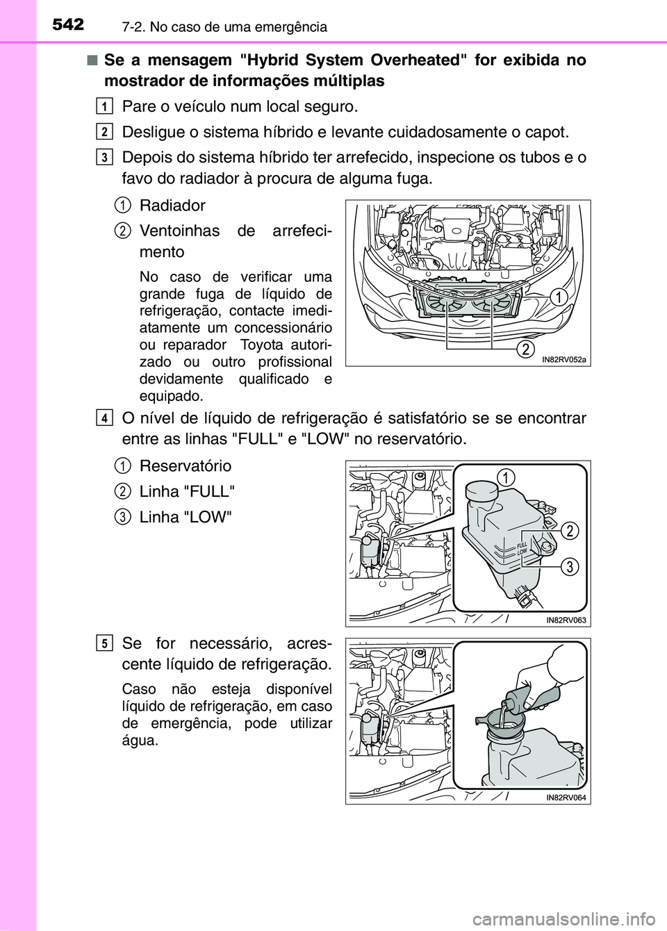 TOYOTA RAV4 2016  Manual de utilização (in Portuguese) 5427-2. No caso de uma emergência
■Se a mensagem "Hybrid System Overheated" for exibida no
mostrador de informações múltiplasPare o veículo num local seguro.
Desligue o sistema híbrido e levan