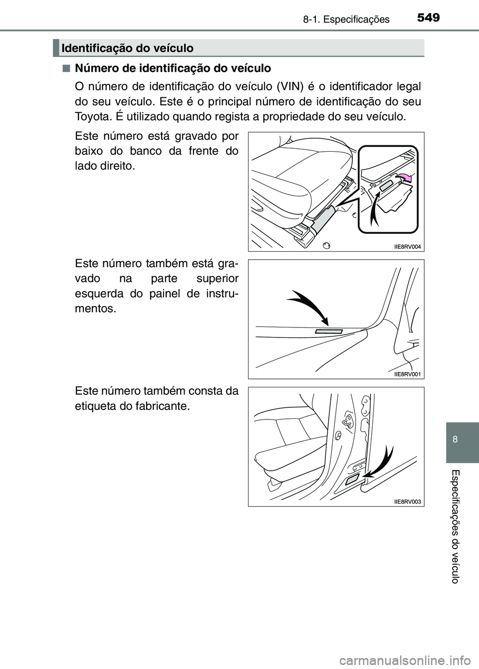 TOYOTA RAV4 2016  Manual de utilização (in Portuguese) 5498-1. Especificações
8
Especificações do veículo
■Número de identificação do veículo
O número de identificação do veículo (VIN) é o identifi\
cador legal
do seu veículo. Este é o p