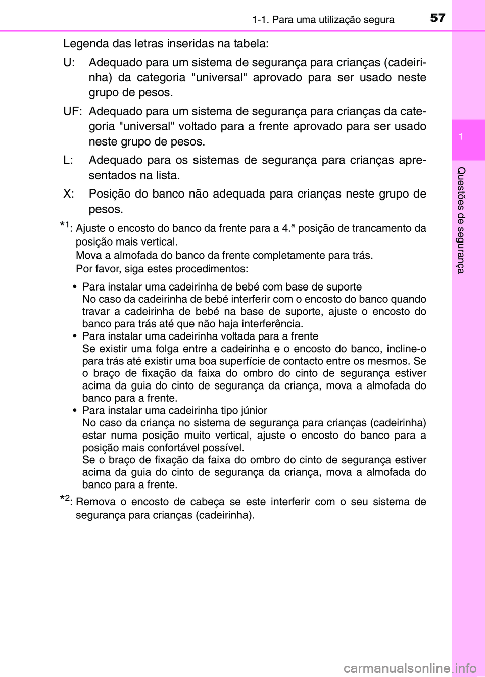 TOYOTA RAV4 2016 Manual de utilização (in Portuguese) 571-1. Para uma utilização segura
1
Questões de segurança
Legenda das letras inseridas na tabela:
U: Adequado para um sistema de segurança para crianças (cadeiri-nha) da categoria "universal" ap TOYOTA RAV4 2016 Manual de utilização (in Portuguese) 571-1. Para uma utilização segura
1
Questões de segurança
Legenda das letras inseridas na tabela:
U: Adequado para um sistema de segurança para crianças (cadeiri-nha) da categoria "universal" ap