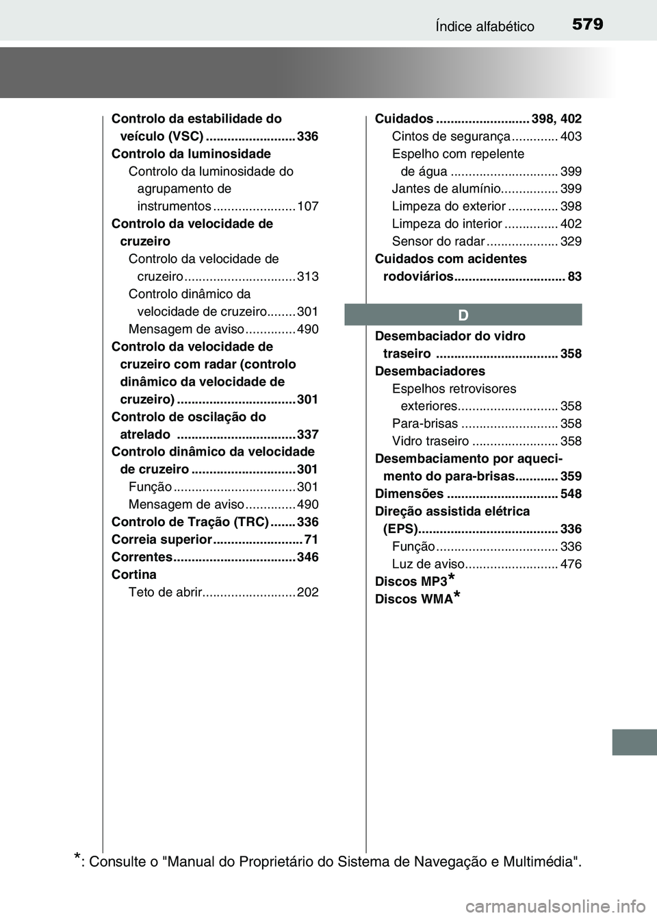 TOYOTA RAV4 2016 Manual de utilização (in Portuguese) 579Índice alfabético
Controlo da estabilidade do veículo (VSC) ......................... 336
Controlo da luminosidade Controlo da luminosidade do agrupamento de
instrumentos ..................... TOYOTA RAV4 2016 Manual de utilização (in Portuguese) 579Índice alfabético
Controlo da estabilidade do veículo (VSC) ......................... 336
Controlo da luminosidade Controlo da luminosidade do agrupamento de
instrumentos .....................