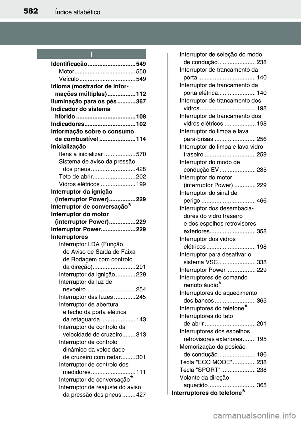 TOYOTA RAV4 2016 Manual de utilização (in Portuguese) 582Índice alfabético
Identificação ............................. 549Motor ................. .................... 550
Veículo .............. .................... 549
Idioma (mostrador de infor- ma TOYOTA RAV4 2016 Manual de utilização (in Portuguese) 582Índice alfabético
Identificação ............................. 549Motor ................. .................... 550
Veículo .............. .................... 549
Idioma (mostrador de infor- ma