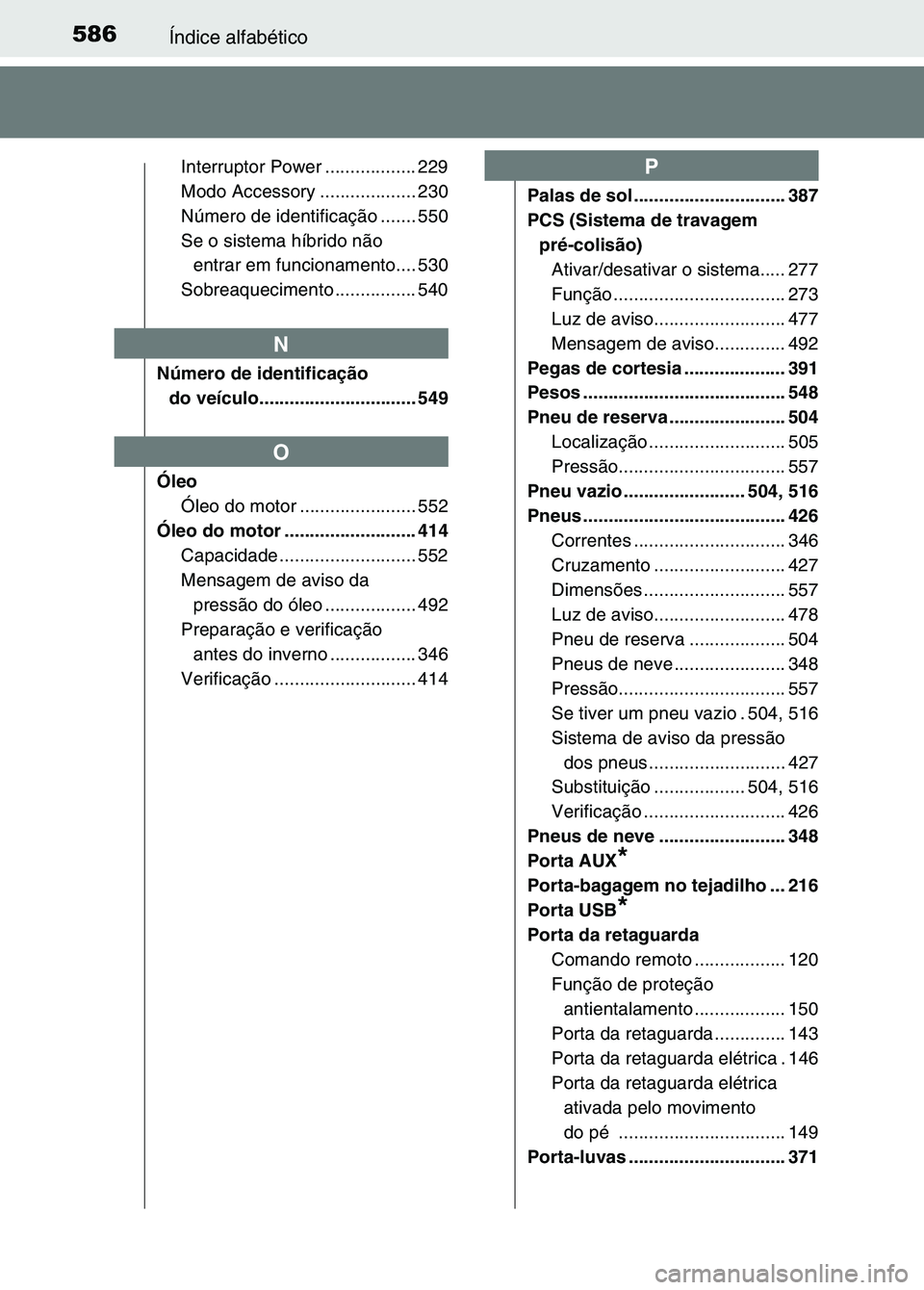 TOYOTA RAV4 2016 Manual de utilização (in Portuguese) 586Índice alfabético
Interruptor Power .................. 229
Modo Accessory ................... 230
Número de identificação ....... 550
Se o sistema híbrido não entrar em funcionamento.... 530 TOYOTA RAV4 2016 Manual de utilização (in Portuguese) 586Índice alfabético
Interruptor Power .................. 229
Modo Accessory ................... 230
Número de identificação ....... 550
Se o sistema híbrido não entrar em funcionamento.... 530
