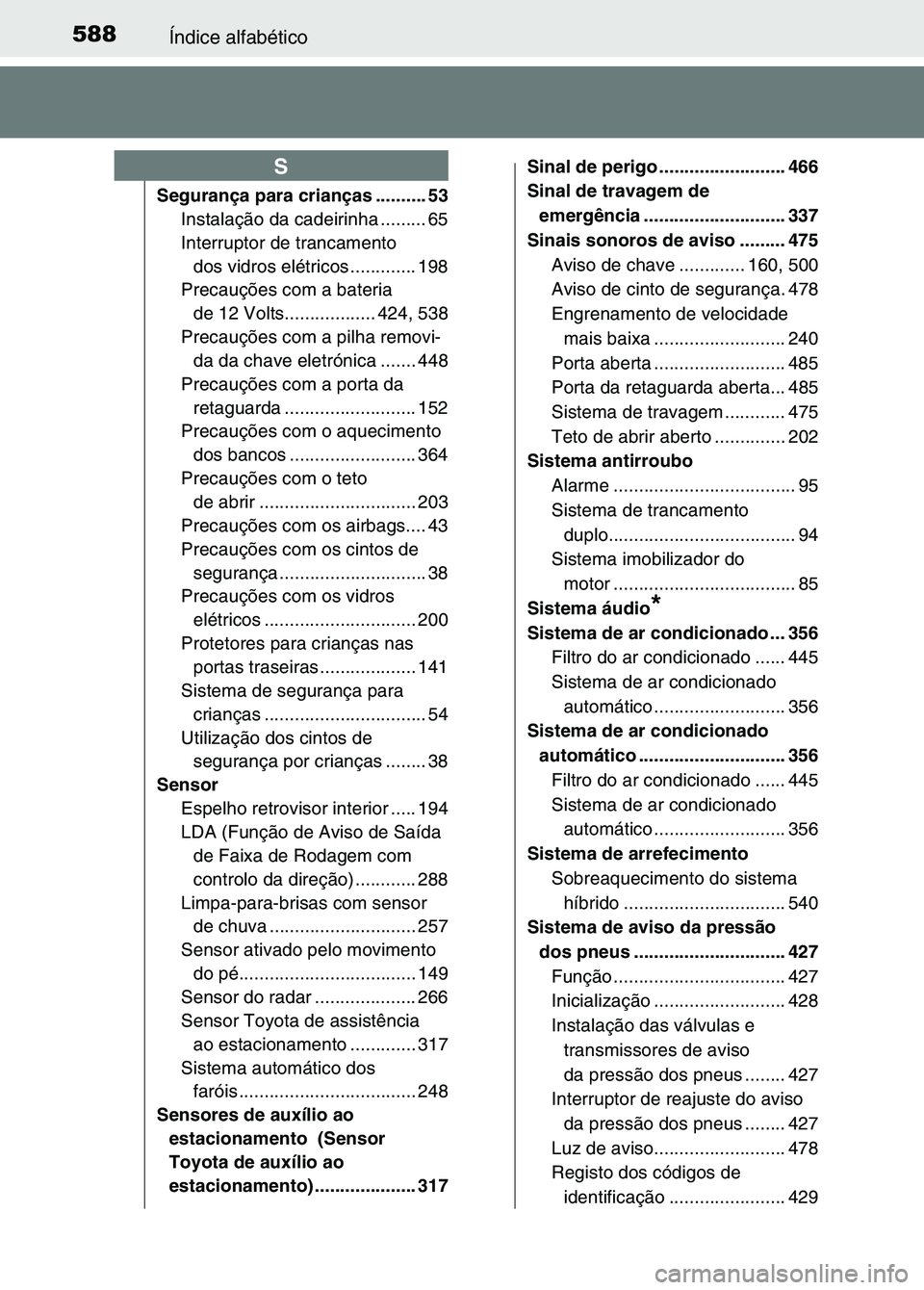 TOYOTA RAV4 2016 Manual de utilização (in Portuguese) 588Índice alfabético
Segurança para crianças .......... 53Instalação da cadeirinha ......... 65
Interruptor de trancamento dos vidros elétricos ............. 198
Precauções com a bateria de TOYOTA RAV4 2016 Manual de utilização (in Portuguese) 588Índice alfabético
Segurança para crianças .......... 53Instalação da cadeirinha ......... 65
Interruptor de trancamento dos vidros elétricos ............. 198
Precauções com a bateria de