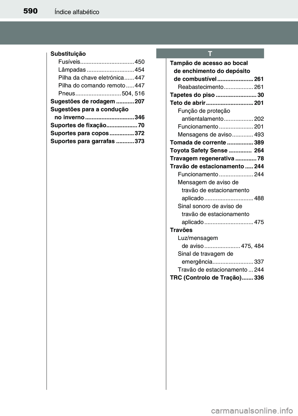 TOYOTA RAV4 2016 Manual de utilização (in Portuguese) 590Índice alfabético
SubstituiçãoFusíveis............. .................... 450
Lâmpadas ............................. 454
Pilha da chave eletrónica ...... 447
Pilha do comando remoto ..... 447 TOYOTA RAV4 2016 Manual de utilização (in Portuguese) 590Índice alfabético
SubstituiçãoFusíveis............. .................... 450
Lâmpadas ............................. 454
Pilha da chave eletrónica ...... 447
Pilha do comando remoto ..... 447