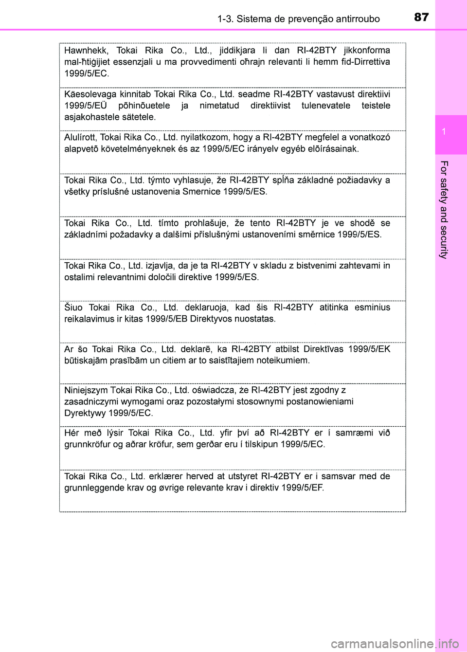 TOYOTA RAV4 2016 Manual de utilização (in Portuguese) 871-3. Sistema de prevenção antirroubo
1
For safety and security
sec_01-03.fm Page 87 Thursday, October 6, 2016 11:48 AM TOYOTA RAV4 2016 Manual de utilização (in Portuguese) 871-3. Sistema de prevenção antirroubo
1
For safety and security
sec_01-03.fm Page 87 Thursday, October 6, 2016 11:48 AM