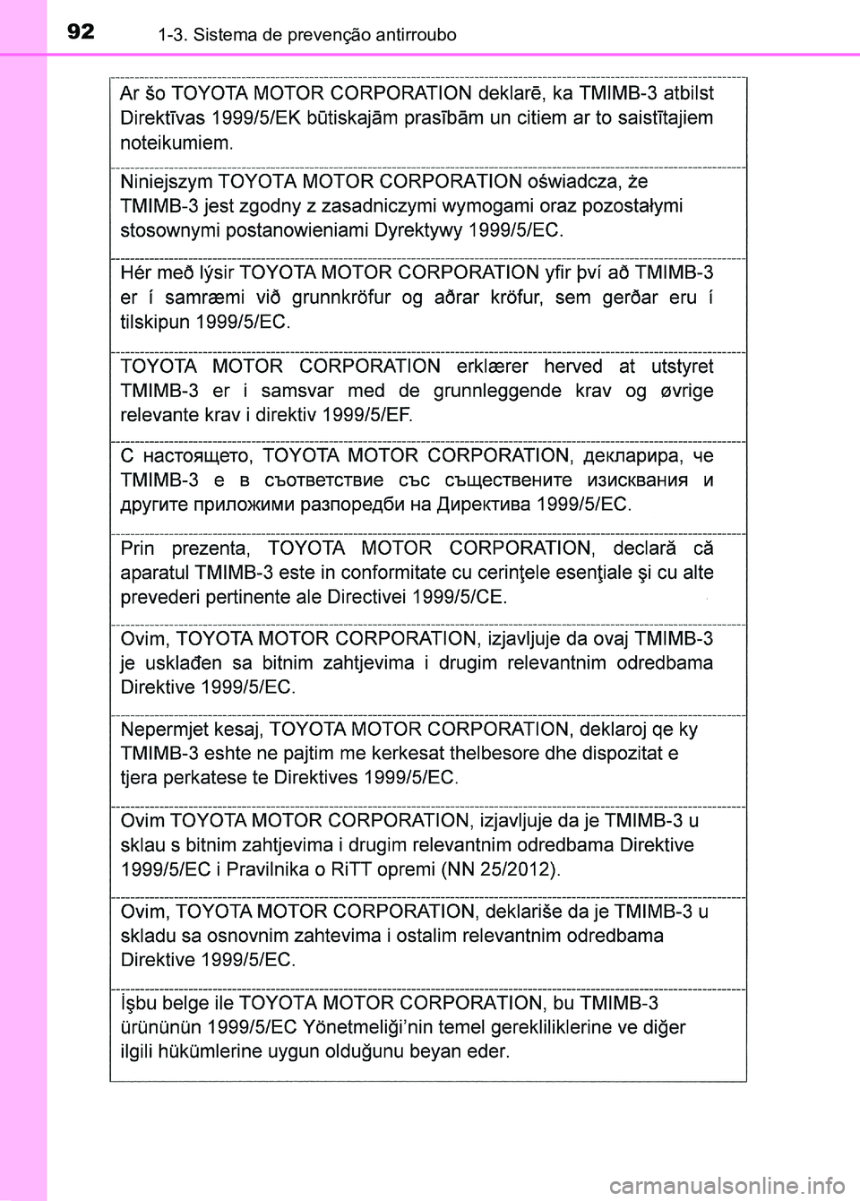TOYOTA RAV4 2016 Manual de utilização (in Portuguese) 921-3. Sistema de prevenção antirroubo
sec_01-03.fm Page 92 Thursday, October 6, 2016 11:48 AM TOYOTA RAV4 2016 Manual de utilização (in Portuguese) 921-3. Sistema de prevenção antirroubo
sec_01-03.fm Page 92 Thursday, October 6, 2016 11:48 AM