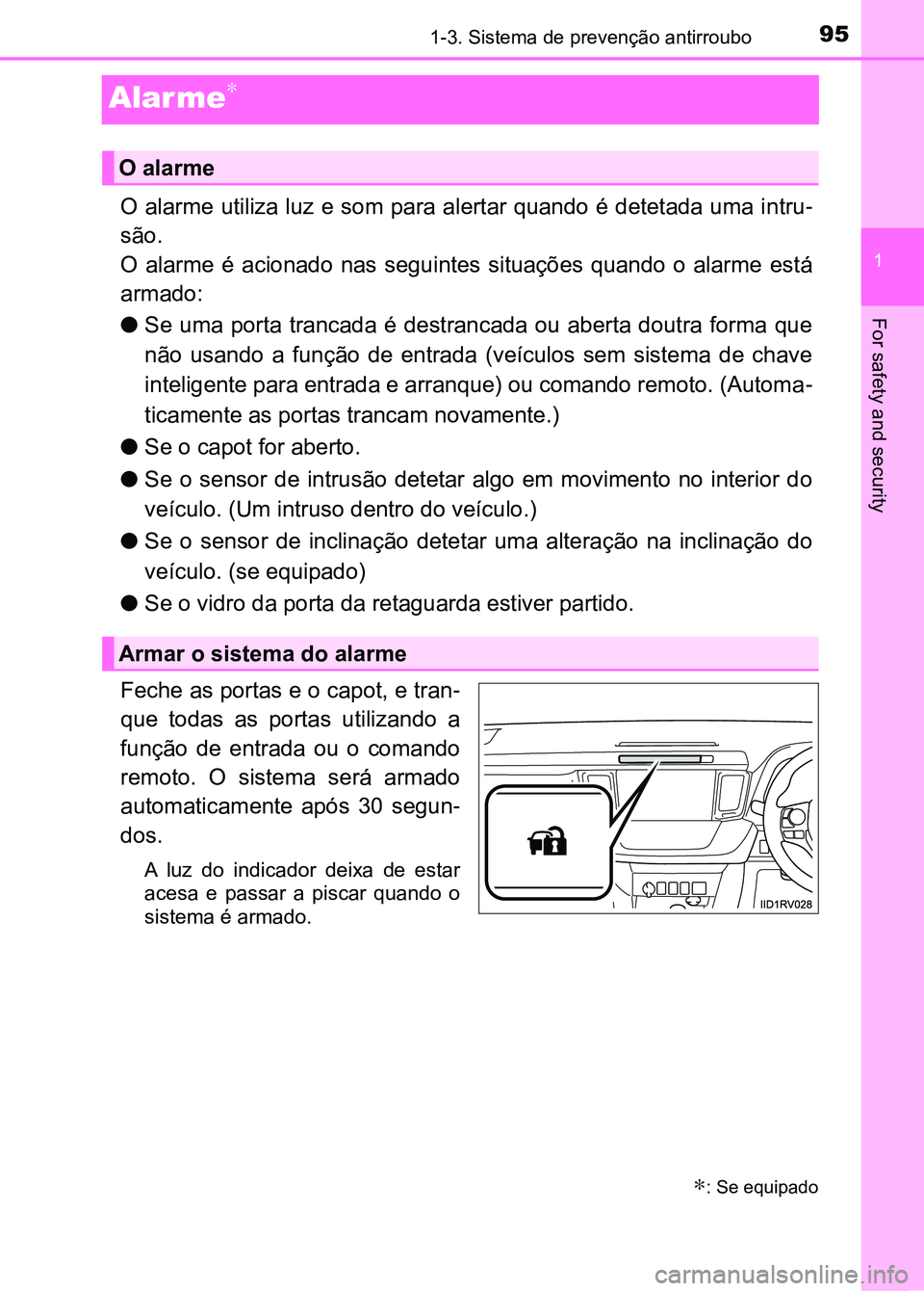 TOYOTA RAV4 2016 Manual de utilização (in Portuguese) 95
1
1-3. Sistema de prevenção antirroubo
For safety and security
Alarme∗
O alarme utiliza luz e som para alertar quando é detetada uma intru-
são.
O alarme é acionado nas seguintes situa TOYOTA RAV4 2016 Manual de utilização (in Portuguese) 95
1
1-3. Sistema de prevenção antirroubo
For safety and security
Alarme∗
O alarme utiliza luz e som para alertar quando é detetada uma intru-
são.
O alarme é acionado nas seguintes situa