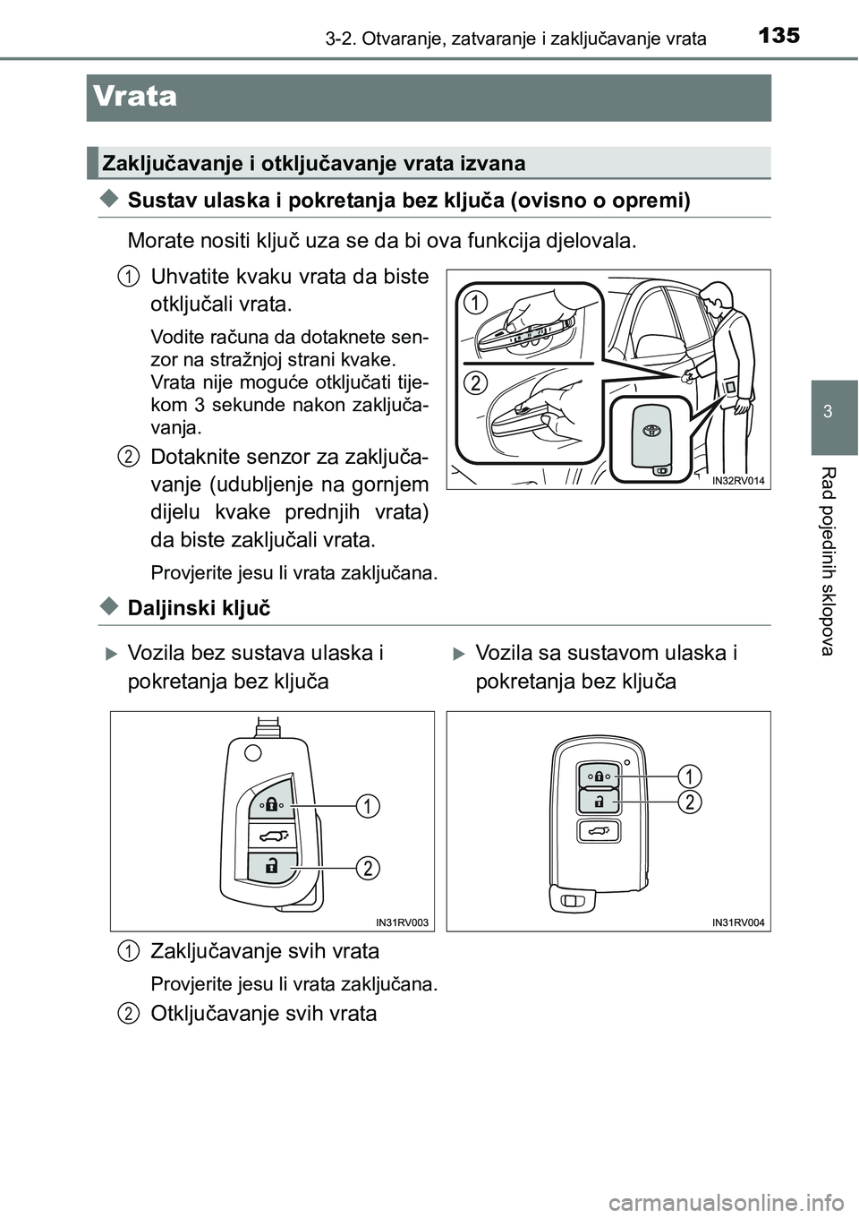 TOYOTA RAV4 2015  Upute Za Rukovanje (in Croatian) 135
3
3-2. Otvaranje, zatvaranje i zaključavanje vrata
Rad pojedinih sklopova
Vr ata
uSustav ulaska i pokretanja bez ključa (ovisno o opremi)
Morate nositi ključ uza se da bi ova funkcija djelovala