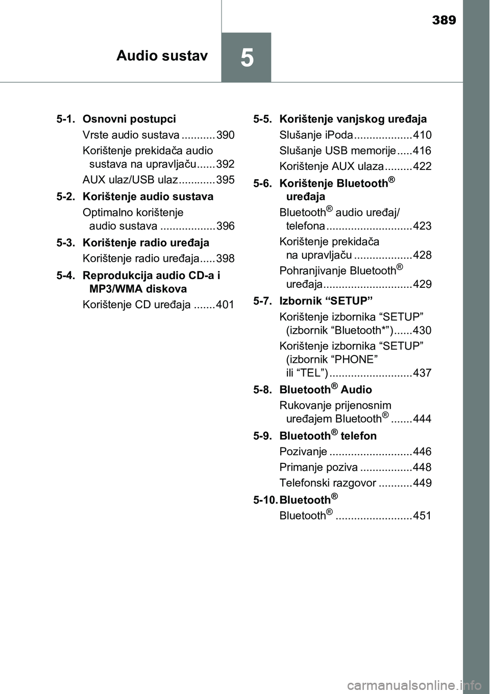 TOYOTA RAV4 2015  Upute Za Rukovanje (in Croatian) 389
5Audio sustav
5-1. Osnovni postupci
Vrste audio sustava ........... 390
Korištenje prekidača audio 
sustava na upravljaču ...... 392
AUX ulaz/USB ulaz............ 395
5-2. Korištenje audio sus