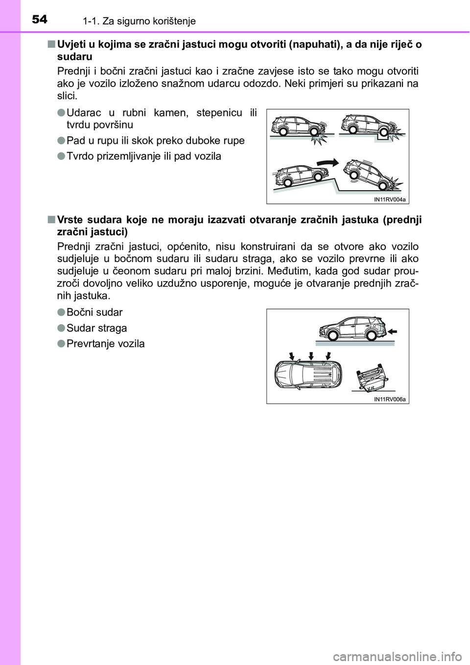 TOYOTA RAV4 2015 Upute Za Rukovanje (in Croatian) 541-1. Za sigurno korištenje
nUvjeti u kojima se zračni jastuci mogu otvoriti (napuhati), a da nije riječ o
sudaru
Prednji i bočni zračni jastuci kao i zračne zavjese isto se tako mo TOYOTA RAV4 2015 Upute Za Rukovanje (in Croatian) 541-1. Za sigurno korištenje
nUvjeti u kojima se zračni jastuci mogu otvoriti (napuhati), a da nije riječ o
sudaru
Prednji i bočni zračni jastuci kao i zračne zavjese isto se tako mo