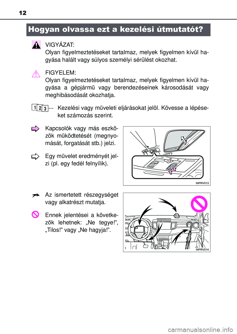 TOYOTA RAV4 2015 Kezelési útmutató (in Hungarian) 12
Hogyan olvassa ezt a kezelési útmutatót?
VIGYÁZAT:
Olyan figyelmeztetéseket tartalmaz, melyek figyelmen kívül ha-
gyása halált vagy súlyos személyi sérülést okozhat.\
FIGYELEM:
Oly TOYOTA RAV4 2015 Kezelési útmutató (in Hungarian) 12
Hogyan olvassa ezt a kezelési útmutatót?
VIGYÁZAT:
Olyan figyelmeztetéseket tartalmaz, melyek figyelmen kívül ha-
gyása halált vagy súlyos személyi sérülést okozhat.\
FIGYELEM:
Oly