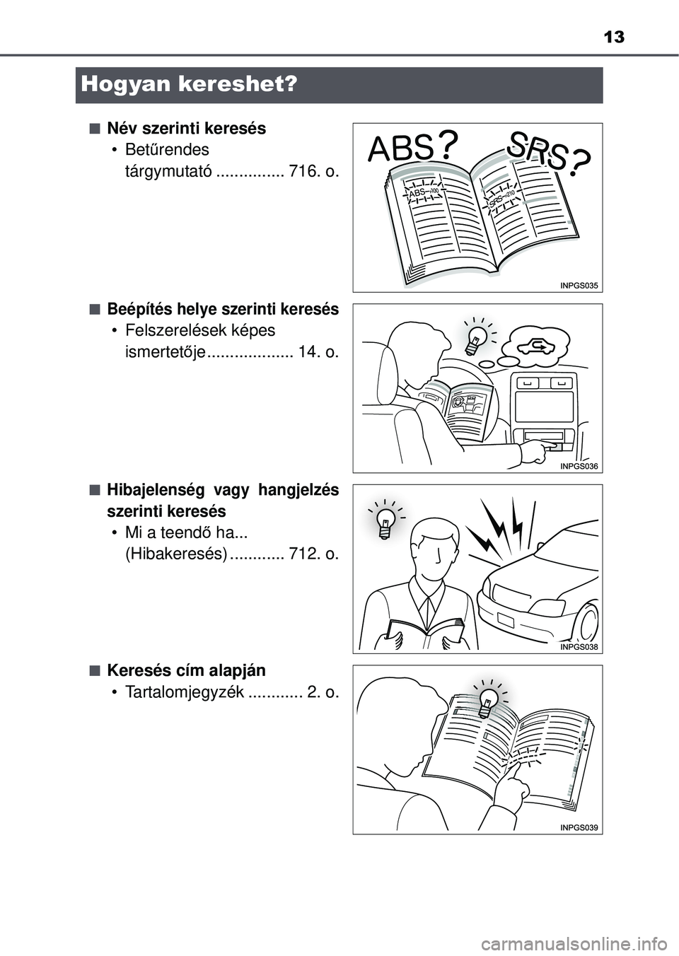 TOYOTA RAV4 2015 Kezelési útmutató (in Hungarian) 13
Hogyan kereshet?
Név szerinti keresés•Bet űrendes
tárgymutató ............... 716. o.
Beépítés helye szerinti keresés
• Felszerelések képes
ismertet ője................... 1 TOYOTA RAV4 2015 Kezelési útmutató (in Hungarian) 13
Hogyan kereshet?
Név szerinti keresés•Bet űrendes
tárgymutató ............... 716. o.
Beépítés helye szerinti keresés
• Felszerelések képes
ismertet ője................... 1