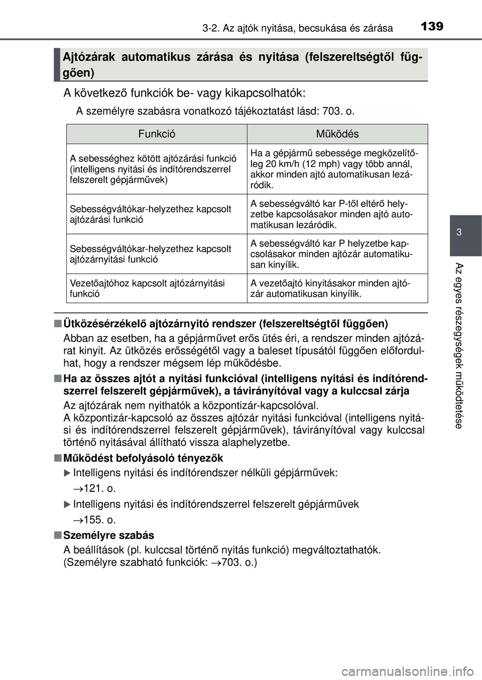 TOYOTA RAV4 2015 Kezelési útmutató (in Hungarian) 1393-2. Az ajtók nyitása, becsukása és zárása
3
Az egyes részegységek működtetése
A következ ő funkciók be- vagy kikapcsolhatók:
A személyre szabásra vonatkozó tájékoztatást lásd TOYOTA RAV4 2015 Kezelési útmutató (in Hungarian) 1393-2. Az ajtók nyitása, becsukása és zárása
3
Az egyes részegységek működtetése
A következ ő funkciók be- vagy kikapcsolhatók:
A személyre szabásra vonatkozó tájékoztatást lásd