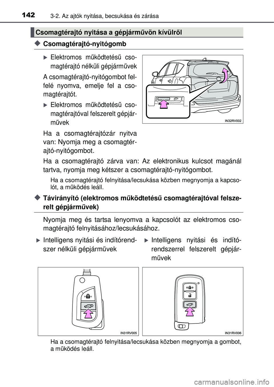 TOYOTA RAV4 2015 Kezelési útmutató (in Hungarian) 1423-2. Az ajtók nyitása, becsukása és zárása
Csomagtérajtó-nyitógomb
Elektromos működtetés ű cso-
magtérajtó nélküli gépjárm űvek
A csomagtérajtó-nyitógombot fel-
felé n TOYOTA RAV4 2015 Kezelési útmutató (in Hungarian) 1423-2. Az ajtók nyitása, becsukása és zárása
Csomagtérajtó-nyitógomb
Elektromos működtetés ű cso-
magtérajtó nélküli gépjárm űvek
A csomagtérajtó-nyitógombot fel-
felé n