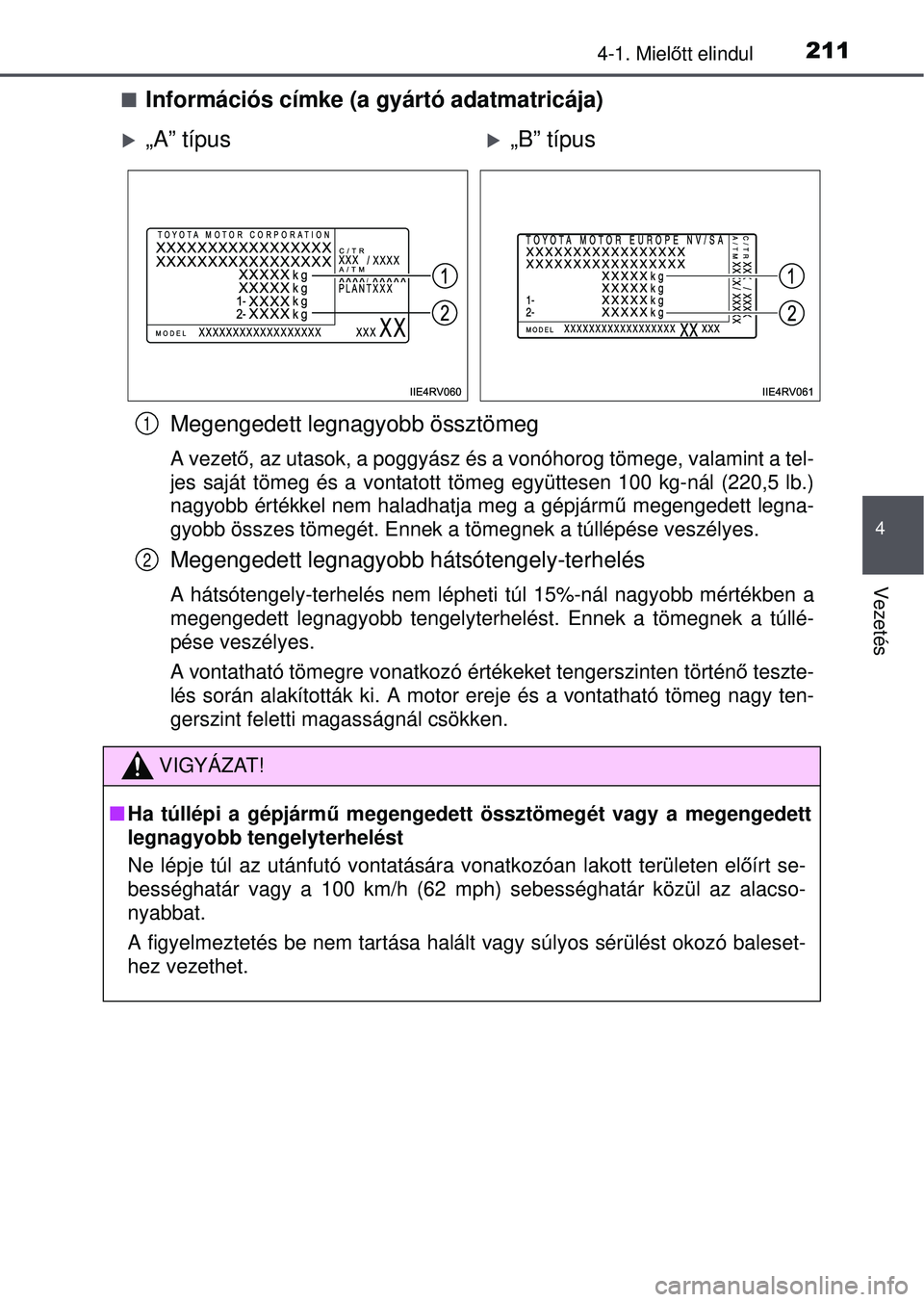 TOYOTA RAV4 2015 Kezelési útmutató (in Hungarian) 2114-1. Mielőtt elindul
4
Vezetés
Információs címke (a gyártó adatmatricája)
Megengedett legnagyobb össztömeg
A vezető , az utasok, a poggyász és a vonóhorog tömege, valamint a tel-
TOYOTA RAV4 2015 Kezelési útmutató (in Hungarian) 2114-1. Mielőtt elindul
4
Vezetés
Információs címke (a gyártó adatmatricája)
Megengedett legnagyobb össztömeg
A vezető , az utasok, a poggyász és a vonóhorog tömege, valamint a tel-