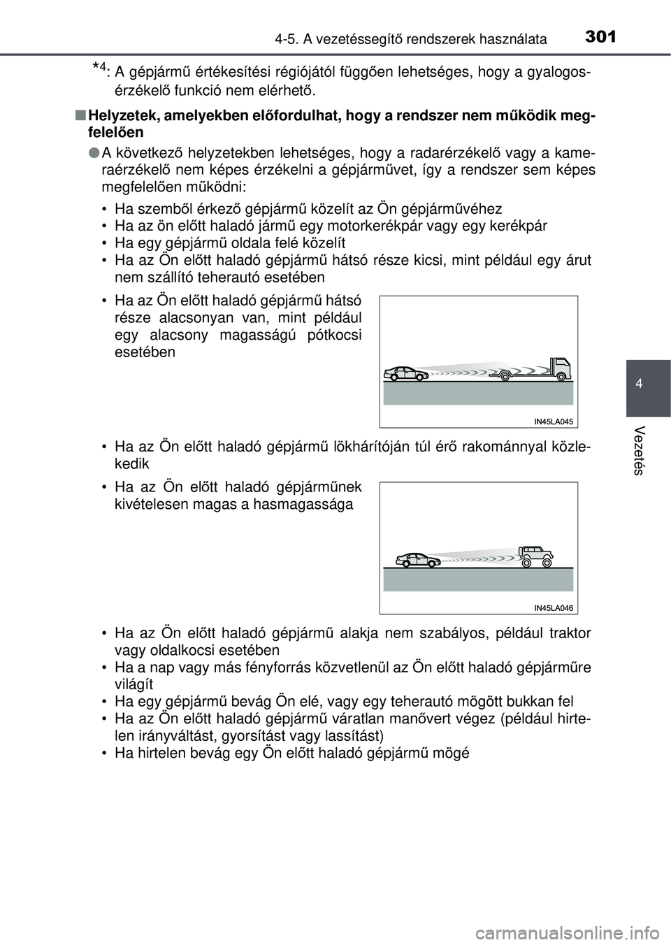TOYOTA RAV4 2015 Kezelési útmutató (in Hungarian) 3014-5. A vezetéssegítő rendszerek használata
4
Vezetés
*4: A gépjárm ű értékesítési régiójától függő en lehetséges, hogy a gyalogos-
érzékelő funkció nem elérhető .
Hely TOYOTA RAV4 2015 Kezelési útmutató (in Hungarian) 3014-5. A vezetéssegítő rendszerek használata
4
Vezetés
*4: A gépjárm ű értékesítési régiójától függő en lehetséges, hogy a gyalogos-
érzékelő funkció nem elérhető .
Hely