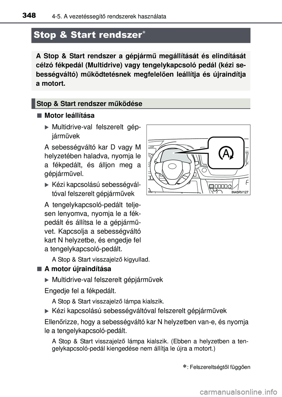 TOYOTA RAV4 2015 Kezelési útmutató (in Hungarian) 3484-5. A vezetéssegítő rendszerek használata
Stop & Start rendszer
Motor leállítása
Multidrive-val felszerelt gép-
járm űvek
A sebességváltó kar D vagy M
helyzetében haladva, n TOYOTA RAV4 2015 Kezelési útmutató (in Hungarian) 3484-5. A vezetéssegítő rendszerek használata
Stop & Start rendszer
Motor leállítása
Multidrive-val felszerelt gép-
járm űvek
A sebességváltó kar D vagy M
helyzetében haladva, n