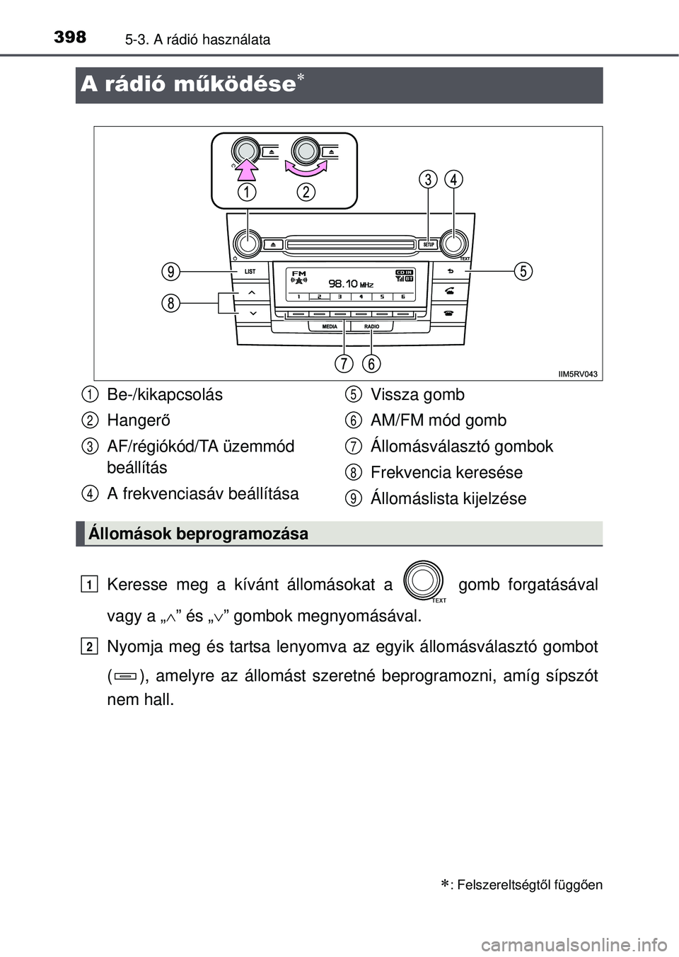TOYOTA RAV4 2015 Kezelési útmutató (in Hungarian) 3985-3. A rádió használata
A rádió működése
Keresse meg a kívánt állomásokat a gomb forgatásával
vagy a „” és „” gombok megnyomásával.
Nyomja meg és tartsa lenyomv TOYOTA RAV4 2015 Kezelési útmutató (in Hungarian) 3985-3. A rádió használata
A rádió működése
Keresse meg a kívánt állomásokat a gomb forgatásával
vagy a „” és „” gombok megnyomásával.
Nyomja meg és tartsa lenyomv