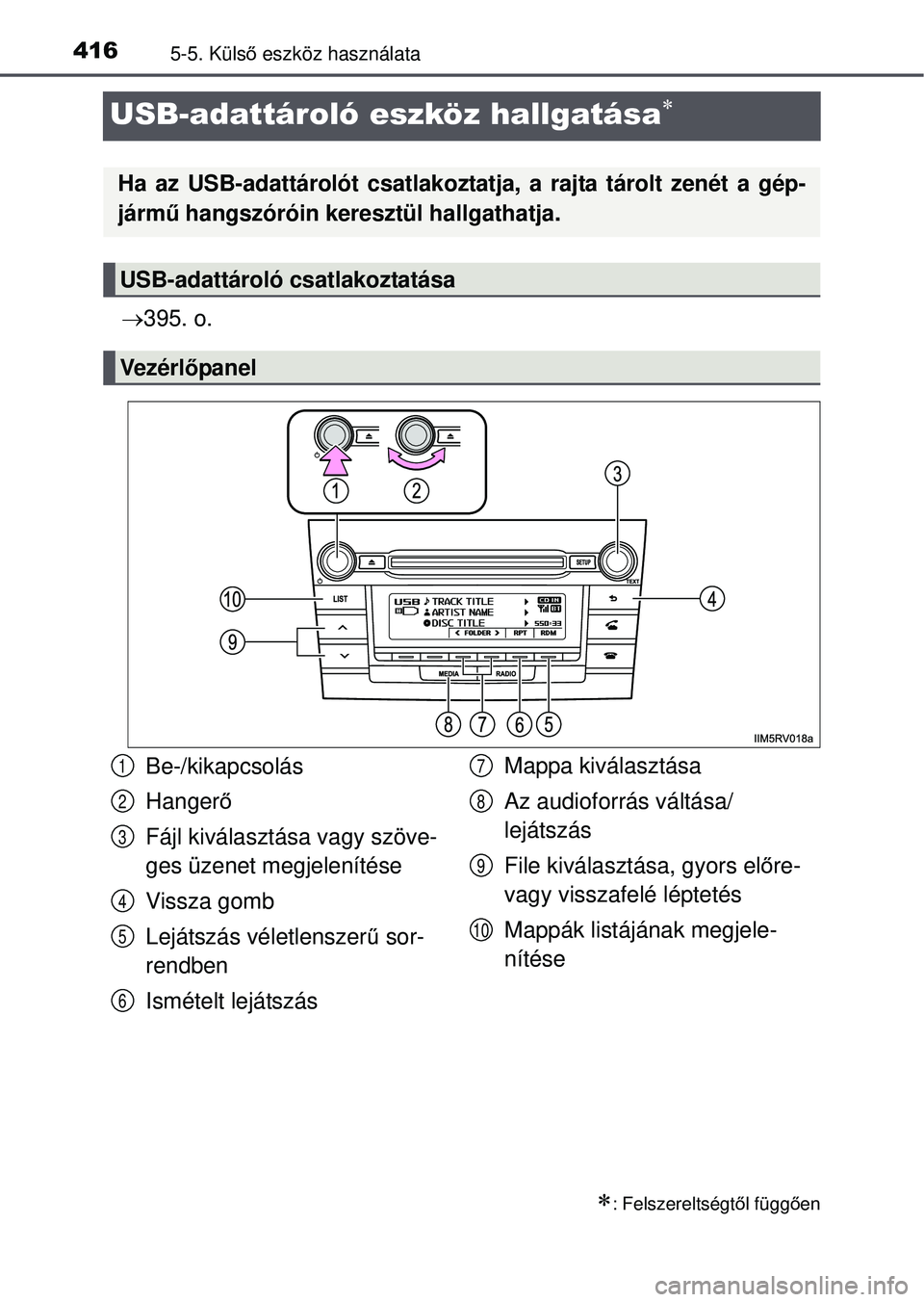 TOYOTA RAV4 2015 Kezelési útmutató (in Hungarian) 4165-5. Külső eszköz használata
USB-adattároló eszköz hallgatása
395. o.
: Felszereltségt ől függ ően
Ha az USB-adattárolót csatlakozt atja, a rajta tárolt zenét a gép-
jár TOYOTA RAV4 2015 Kezelési útmutató (in Hungarian) 4165-5. Külső eszköz használata
USB-adattároló eszköz hallgatása
395. o.
: Felszereltségt ől függ ően
Ha az USB-adattárolót csatlakozt atja, a rajta tárolt zenét a gép-
jár