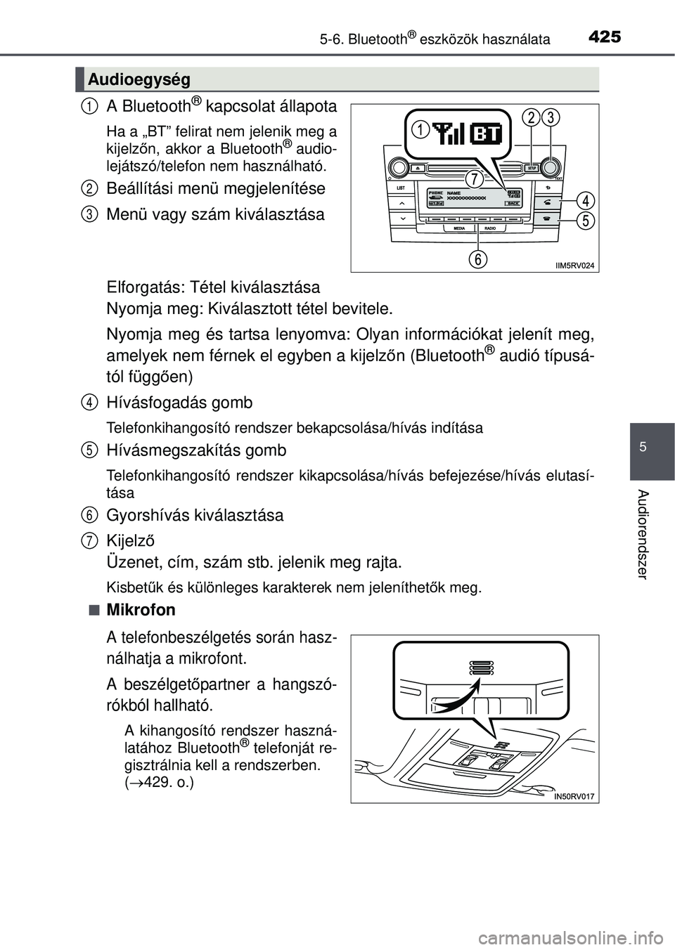 TOYOTA RAV4 2015 Kezelési útmutató (in Hungarian) 4255-6. Bluetooth® eszközök használata
5
Audiorendszer
A Bluetooth® kapcsolat állapota
Ha a „BT” felirat nem jelenik meg a
kijelzőn, akkor a Bluetooth® audio-
lejátszó/telefon nem haszn TOYOTA RAV4 2015 Kezelési útmutató (in Hungarian) 4255-6. Bluetooth® eszközök használata
5
Audiorendszer
A Bluetooth® kapcsolat állapota
Ha a „BT” felirat nem jelenik meg a
kijelzőn, akkor a Bluetooth® audio-
lejátszó/telefon nem haszn