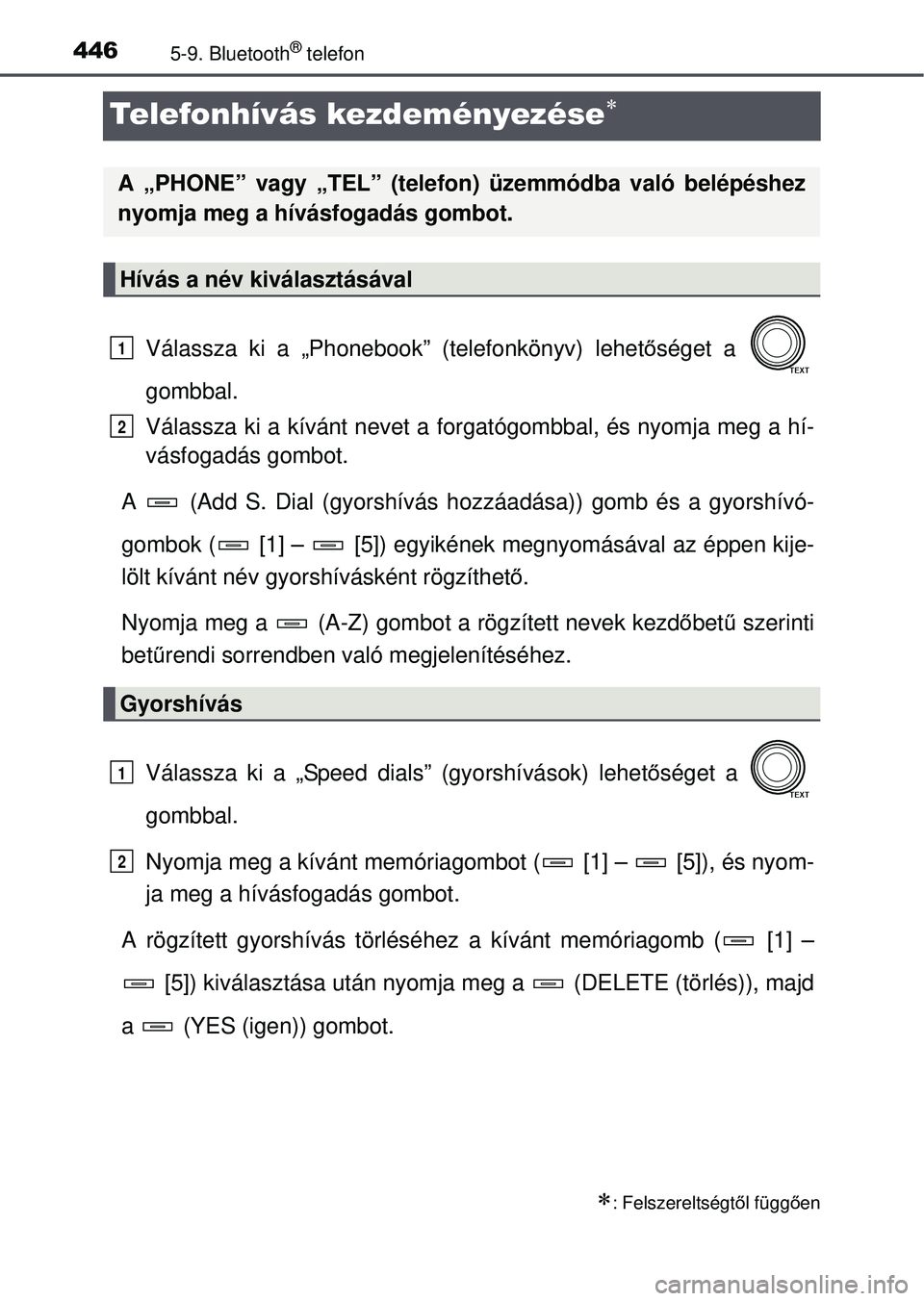 TOYOTA RAV4 2015 Kezelési útmutató (in Hungarian) 4465-9. Bluetooth® telefon
Telefonhívás kezdeményezése
Válassza ki a „Phonebook” (telefonkönyv) lehetőséget a
gombbal.
Válassza ki a kívánt nevet a forgatógombbal, és nyomja me\
TOYOTA RAV4 2015 Kezelési útmutató (in Hungarian) 4465-9. Bluetooth® telefon
Telefonhívás kezdeményezése
Válassza ki a „Phonebook” (telefonkönyv) lehetőséget a
gombbal.
Válassza ki a kívánt nevet a forgatógombbal, és nyomja me\