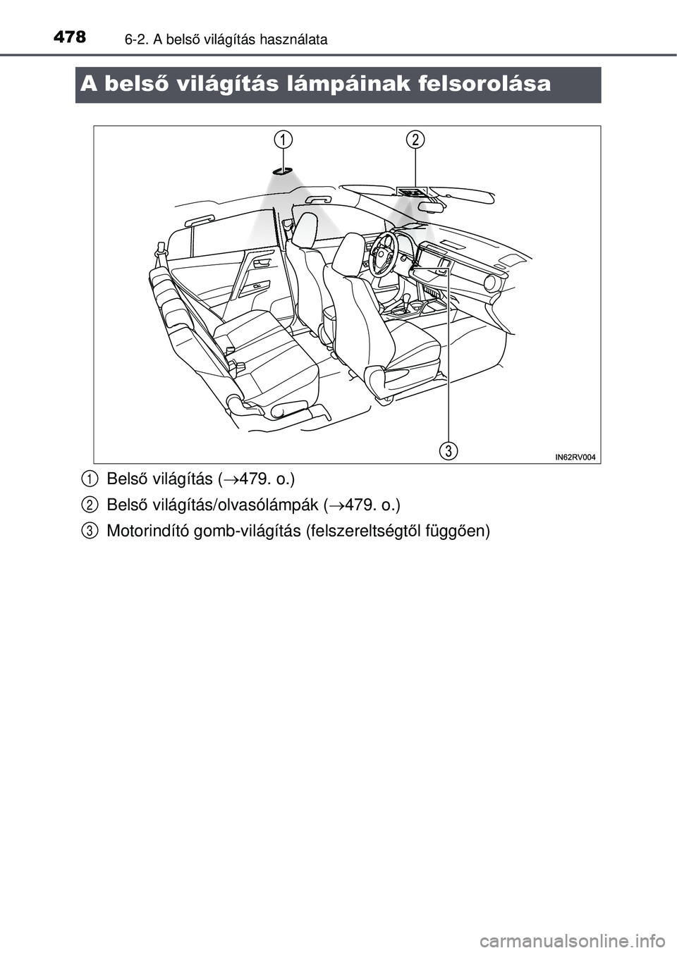 TOYOTA RAV4 2015 Kezelési útmutató (in Hungarian) 4786-2. A belső világítás használata
A belső világítás lámpáinak felsorolása
Bels ő világítás ( 479. o.)
Bels ő világítás/olvasólámpák ( 479. o.)
Motorindító gomb-világ TOYOTA RAV4 2015 Kezelési útmutató (in Hungarian) 4786-2. A belső világítás használata
A belső világítás lámpáinak felsorolása
Bels ő világítás ( 479. o.)
Bels ő világítás/olvasólámpák ( 479. o.)
Motorindító gomb-világ