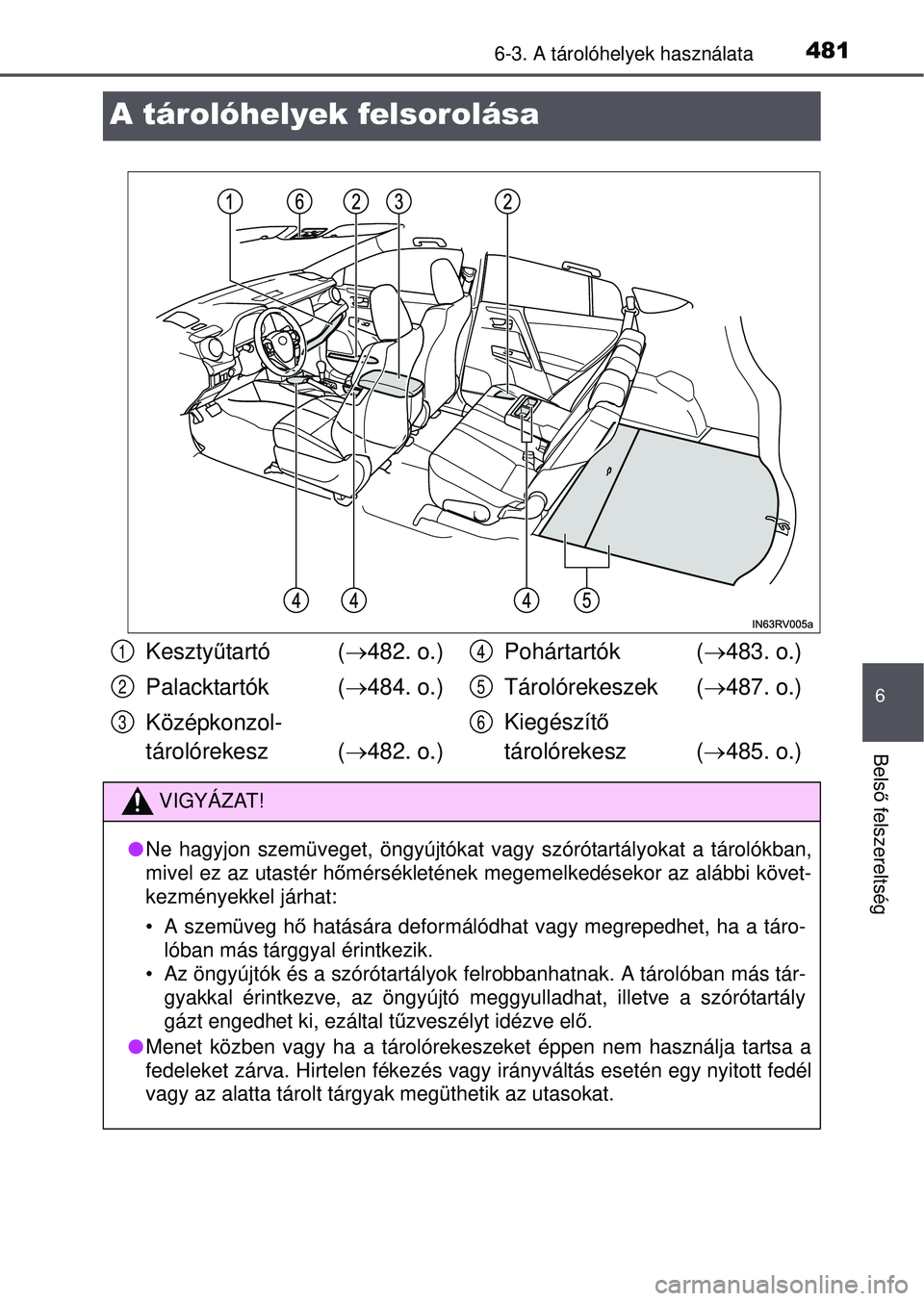 TOYOTA RAV4 2015  Kezelési útmutató (in Hungarian) 4816-3. A tárolóhelyek használata
6
Belső felszereltség
A tárolóhelyek felsorolása
Kesztyű tartó ( 482. o.)
Palacktartók ( 484. o.)
Középkonzol-
tárolórekesz ( 482. o.) Pohárt