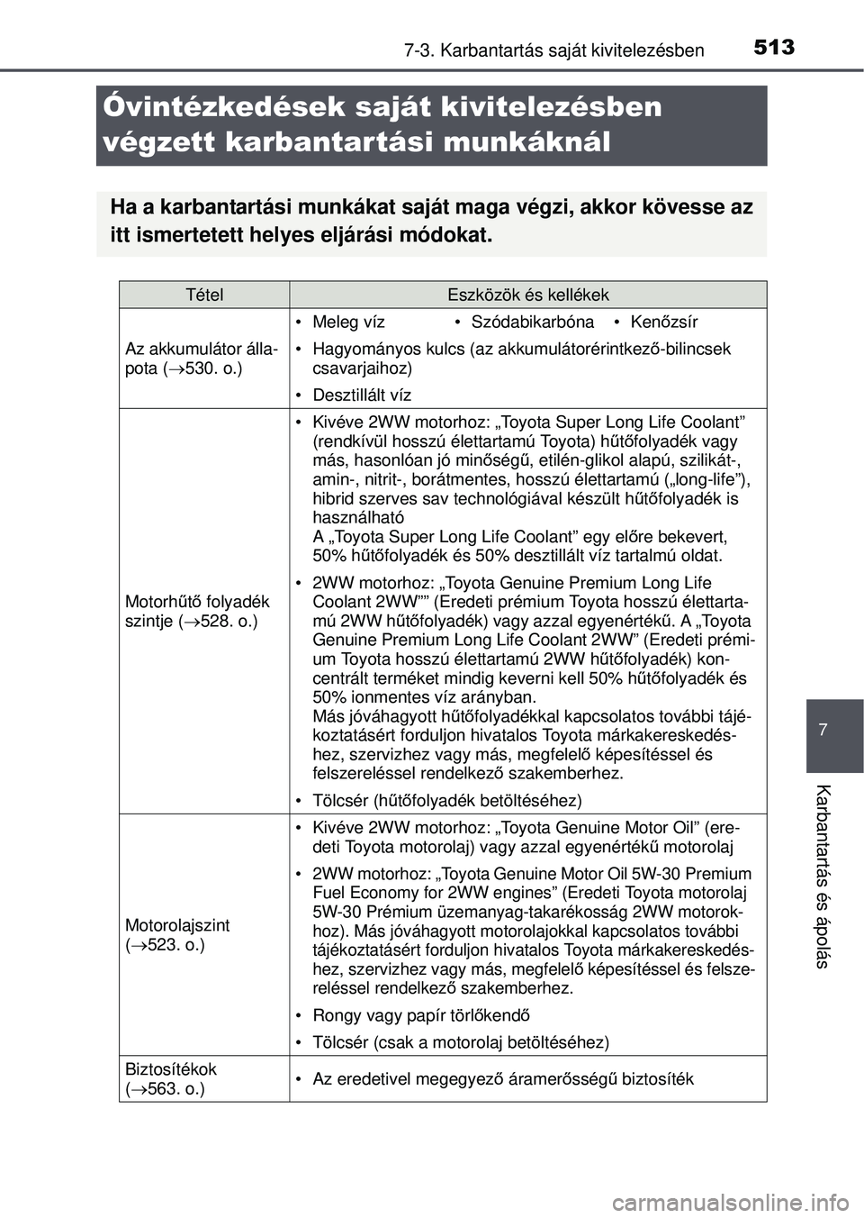TOYOTA RAV4 2015 Kezelési útmutató (in Hungarian) 5137-3. Karbantartás saját kivitelezésben
7
Karbantartás és ápolás
Óvintézkedések saját kivitelezésben
végzett karbantartási munkáknál
Ha a karbantartási munkákat saját maga végzi TOYOTA RAV4 2015 Kezelési útmutató (in Hungarian) 5137-3. Karbantartás saját kivitelezésben
7
Karbantartás és ápolás
Óvintézkedések saját kivitelezésben
végzett karbantartási munkáknál
Ha a karbantartási munkákat saját maga végzi