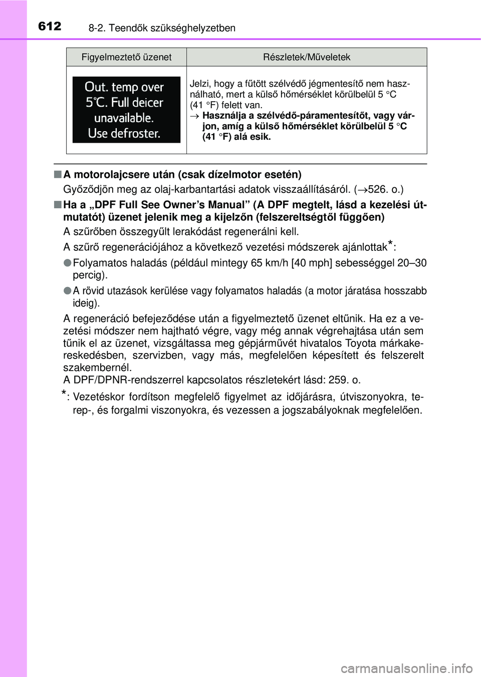 TOYOTA RAV4 2015 Kezelési útmutató (in Hungarian) 6128-2. Teendők szükséghelyzetben
A motorolajcsere után (csak dízelmotor esetén)
Gy őző djön meg az olaj-karbantartási adatok visszaállításáról. ( 526. o.)
Ha a „DPF Full S TOYOTA RAV4 2015 Kezelési útmutató (in Hungarian) 6128-2. Teendők szükséghelyzetben
A motorolajcsere után (csak dízelmotor esetén)
Gy őző djön meg az olaj-karbantartási adatok visszaállításáról. ( 526. o.)
Ha a „DPF Full S