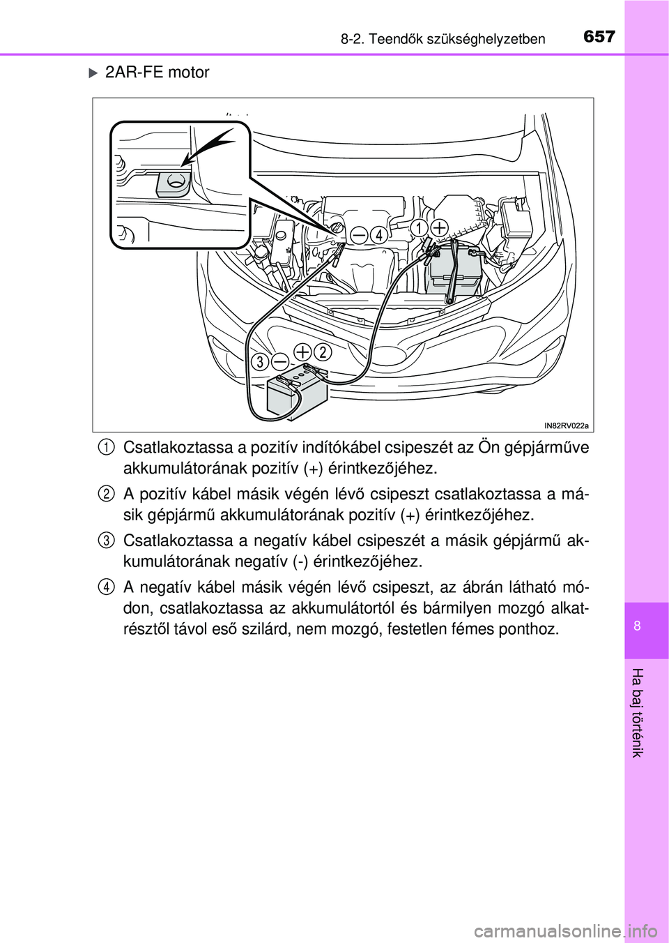 TOYOTA RAV4 2015 Kezelési útmutató (in Hungarian) 6578-2. Teendők szükséghelyzetben
8
Ha baj történik
2AR-FE motor
Csatlakoztassa a pozitív indítókábel csipeszét az Ön gépjá\
rm űve
akkumulátorának pozitív (+) érintkez őjéhez.
TOYOTA RAV4 2015 Kezelési útmutató (in Hungarian) 6578-2. Teendők szükséghelyzetben
8
Ha baj történik
2AR-FE motor
Csatlakoztassa a pozitív indítókábel csipeszét az Ön gépjá\
rm űve
akkumulátorának pozitív (+) érintkez őjéhez.