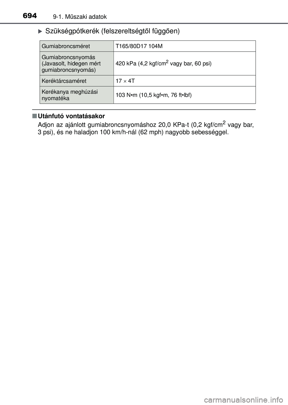 TOYOTA RAV4 2015 Kezelési útmutató (in Hungarian) 6949-1. Műszaki adatok
Szükségpótkerék (felszereltségt ől függ ően)
Utánfutó vontatásakor
Adjon az ajánlott gumiabroncsnyo máshoz 20,0 KPa-t (0,2 kgf/cm2 vagy bar,
3 psi), és ne TOYOTA RAV4 2015 Kezelési útmutató (in Hungarian) 6949-1. Műszaki adatok
Szükségpótkerék (felszereltségt ől függ ően)
Utánfutó vontatásakor
Adjon az ajánlott gumiabroncsnyo máshoz 20,0 KPa-t (0,2 kgf/cm2 vagy bar,
3 psi), és ne