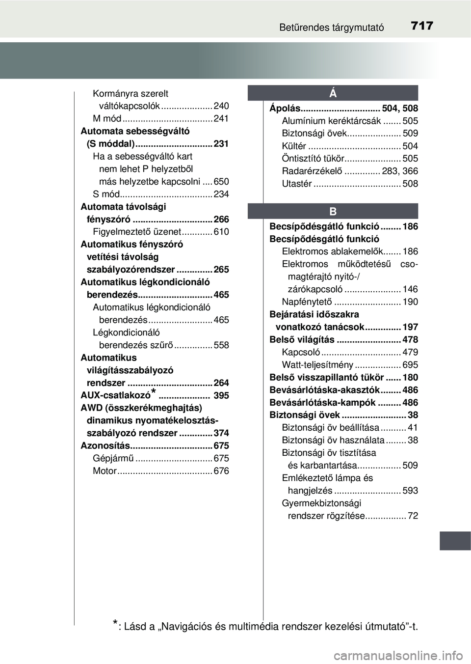TOYOTA RAV4 2015 Kezelési útmutató (in Hungarian) 717Betűrendes tárgymutató
Kormányra szerelt
váltókapcsolók .................... 240
M mód ............... .................... 241
Automata sebességváltó (S móddal) .......... .......... TOYOTA RAV4 2015 Kezelési útmutató (in Hungarian) 717Betűrendes tárgymutató
Kormányra szerelt
váltókapcsolók .................... 240
M mód ............... .................... 241
Automata sebességváltó (S móddal) .......... ..........