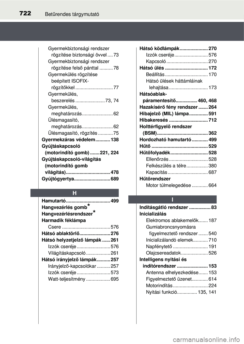 TOYOTA RAV4 2015 Kezelési útmutató (in Hungarian) 722Betűrendes tárgymutató
Gyermekbiztonsági rendszer
rögzítése biztonsági övvel .... 73
Gyermekbiztonsági rendszer
rögzítése fels ő pánttal .......... 78
Gyermekülés rögzítése b TOYOTA RAV4 2015 Kezelési útmutató (in Hungarian) 722Betűrendes tárgymutató
Gyermekbiztonsági rendszer
rögzítése biztonsági övvel .... 73
Gyermekbiztonsági rendszer
rögzítése fels ő pánttal .......... 78
Gyermekülés rögzítése b