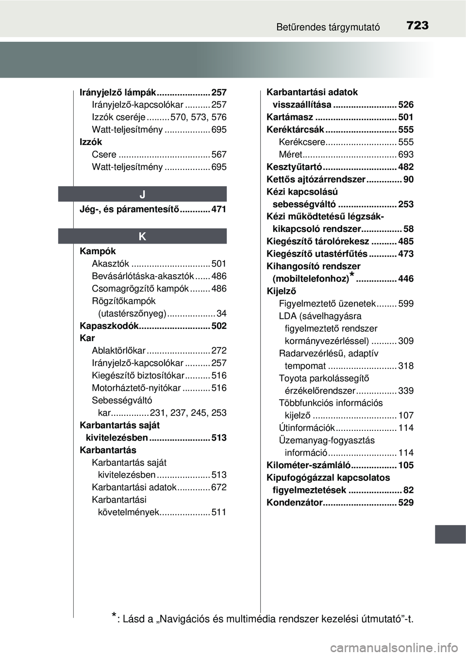 TOYOTA RAV4 2015 Kezelési útmutató (in Hungarian) 723Betűrendes tárgymutató
Irányjelz ő lámpák ..................... 257
Irányjelz ő-kapcsolókar .......... 257
Izzók cseréje ......... 570, 573, 576
Watt-teljesítmény .................. 6 TOYOTA RAV4 2015 Kezelési útmutató (in Hungarian) 723Betűrendes tárgymutató
Irányjelz ő lámpák ..................... 257
Irányjelz ő-kapcsolókar .......... 257
Izzók cseréje ......... 570, 573, 576
Watt-teljesítmény .................. 6