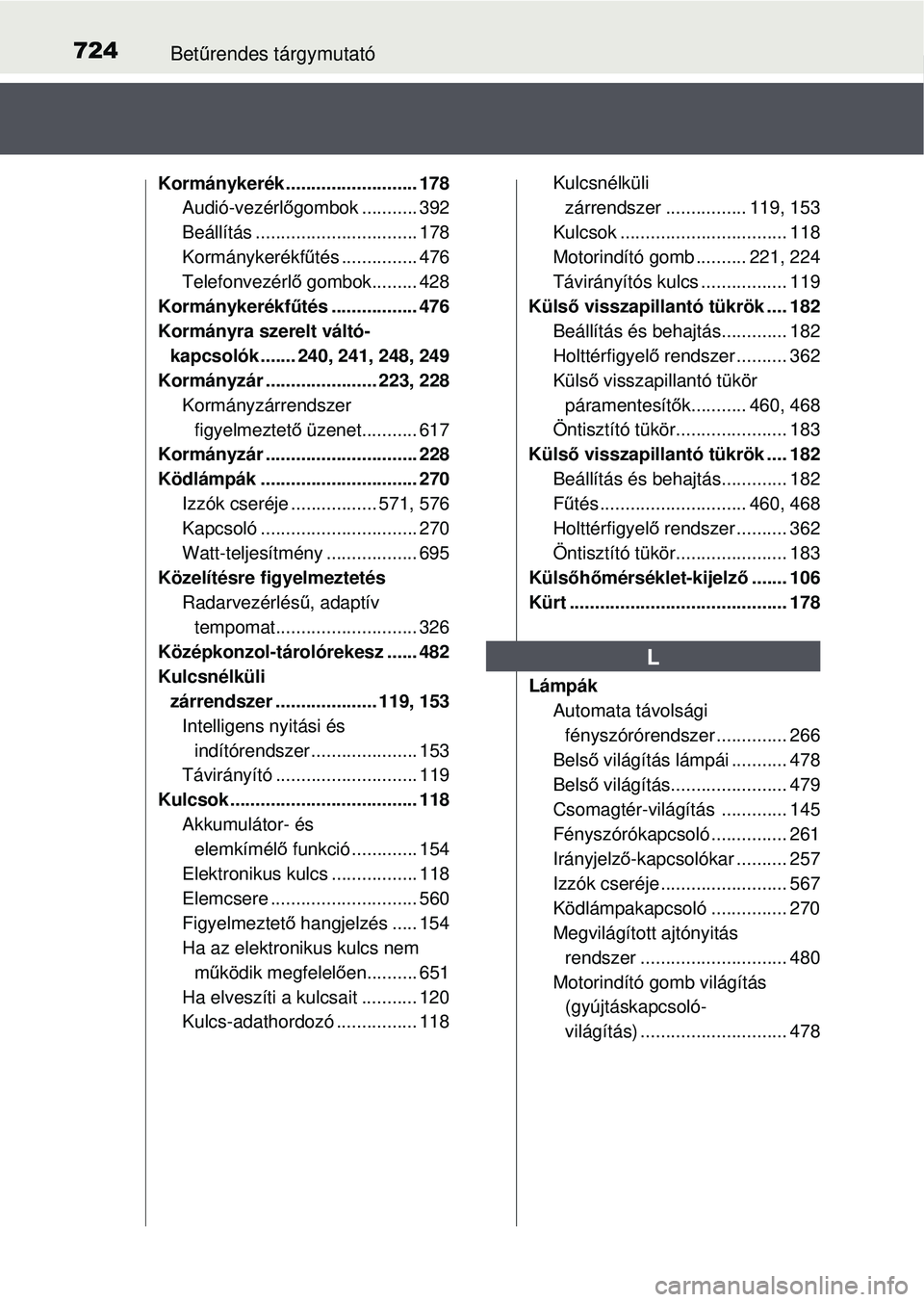 TOYOTA RAV4 2015 Kezelési útmutató (in Hungarian) 724Betűrendes tárgymutató
Kormánykerék .......................... 178
Audió-vezérlő gombok ........... 392
Beállítás ............ .................... 178
Kormánykerékfű tés ........... TOYOTA RAV4 2015 Kezelési útmutató (in Hungarian) 724Betűrendes tárgymutató
Kormánykerék .......................... 178
Audió-vezérlő gombok ........... 392
Beállítás ............ .................... 178
Kormánykerékfű tés ...........