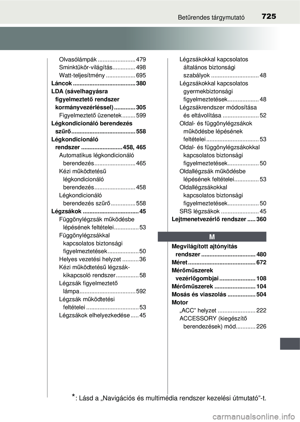 TOYOTA RAV4 2015 Kezelési útmutató (in Hungarian) 725Betűrendes tárgymutató
Olvasólámpák ....................... 479
Sminktükör-világítás.............. 498
Watt-teljesítmény .................. 695
Láncok .................. ............. TOYOTA RAV4 2015 Kezelési útmutató (in Hungarian) 725Betűrendes tárgymutató
Olvasólámpák ....................... 479
Sminktükör-világítás.............. 498
Watt-teljesítmény .................. 695
Láncok .................. .............