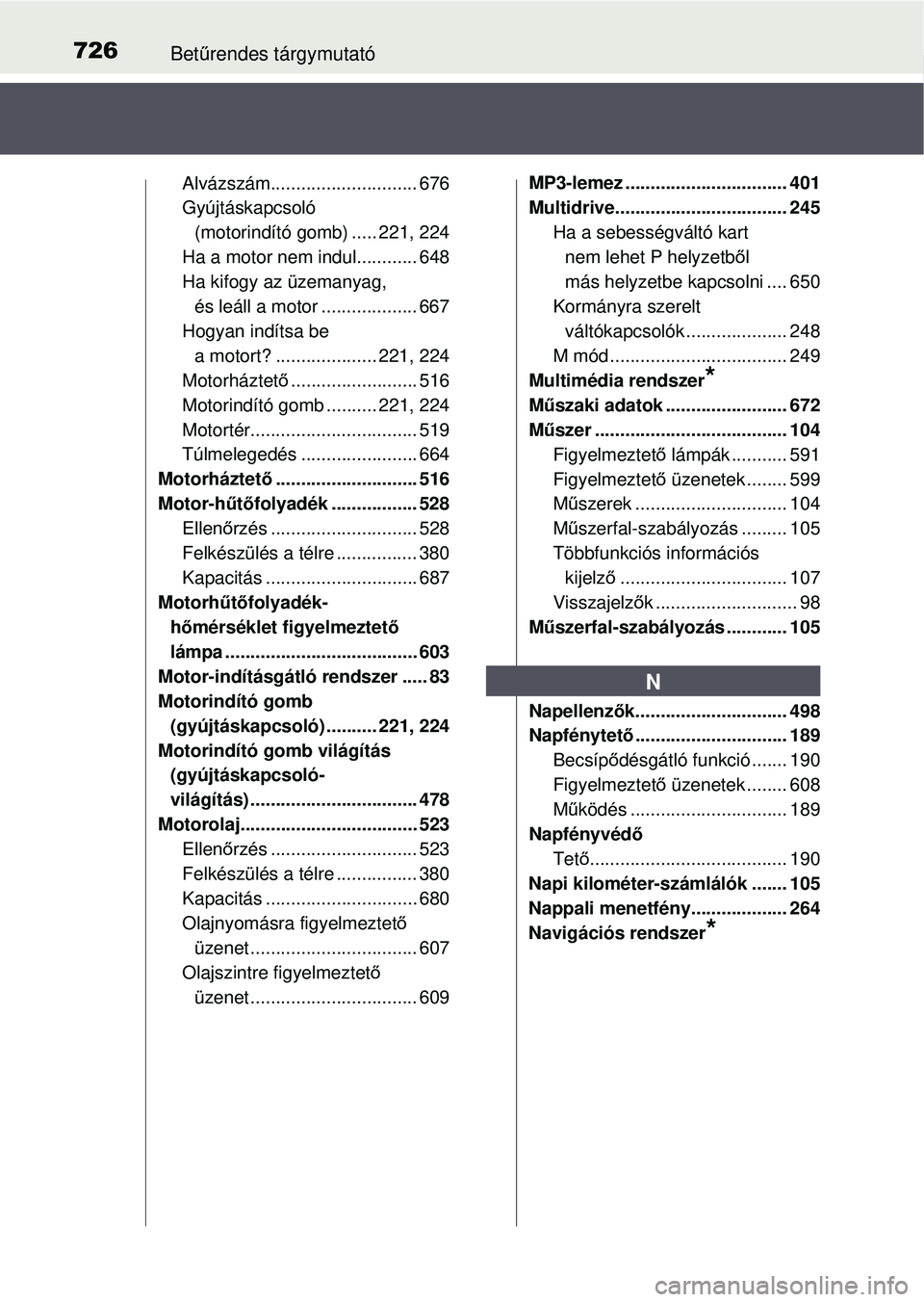 TOYOTA RAV4 2015 Kezelési útmutató (in Hungarian) 726Betűrendes tárgymutató
Alvázszám............................. 676
Gyújtáskapcsoló
(motorindító gomb) ..... 221, 224
Ha a motor nem indul............ 648
Ha kifogy az üzemanyag, és le TOYOTA RAV4 2015 Kezelési útmutató (in Hungarian) 726Betűrendes tárgymutató
Alvázszám............................. 676
Gyújtáskapcsoló
(motorindító gomb) ..... 221, 224
Ha a motor nem indul............ 648
Ha kifogy az üzemanyag, és le