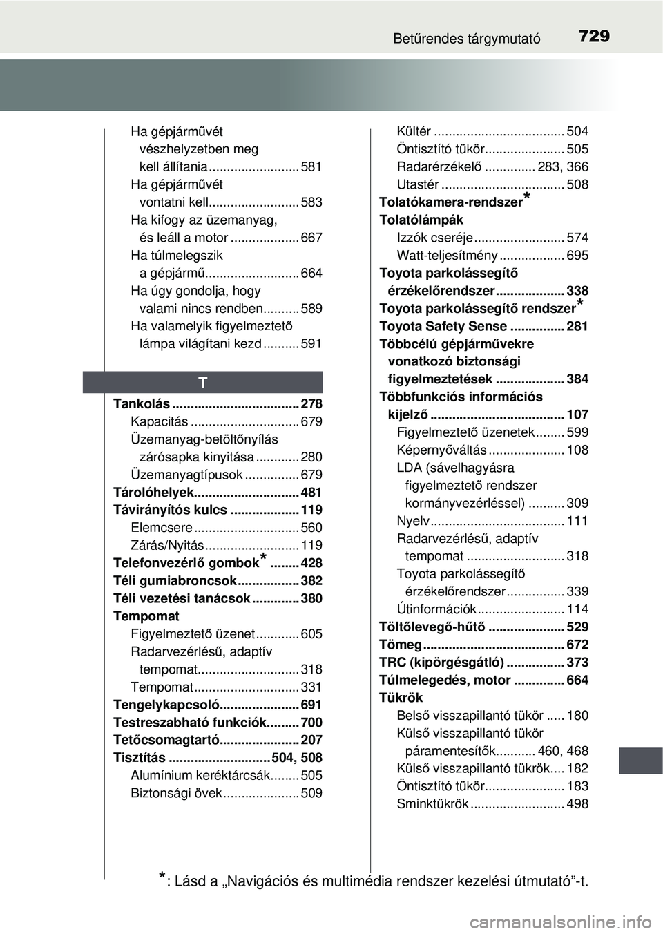 TOYOTA RAV4 2015 Kezelési útmutató (in Hungarian) 729Betűrendes tárgymutató
Ha gépjárm űvét
vészhelyzetben meg
kell állítania ......................... 581
Ha gépjárm űvét
vontatni kell......................... 583
Ha kifogy az üzem TOYOTA RAV4 2015 Kezelési útmutató (in Hungarian) 729Betűrendes tárgymutató
Ha gépjárm űvét
vészhelyzetben meg
kell állítania ......................... 581
Ha gépjárm űvét
vontatni kell......................... 583
Ha kifogy az üzem