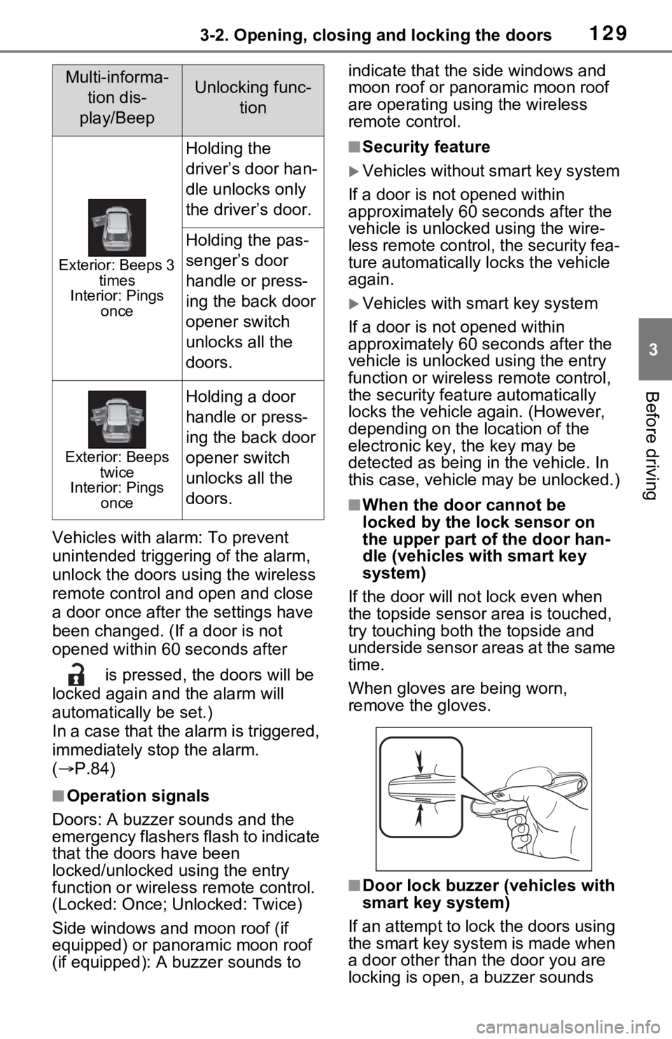 TOYOTA RAV4 HYBRID 2021 Owners Manual 1293-2. Opening, closing and locking the doors
3
Before driving
Vehicles with alarm: To prevent
unintended triggering of the alarm,
unlock the doors using the wireless
remote control and open and c TOYOTA RAV4 HYBRID 2021 Owners Manual 1293-2. Opening, closing and locking the doors
3
Before driving
Vehicles with alarm: To prevent
unintended triggering of the alarm,
unlock the doors using the wireless
remote control and open and c