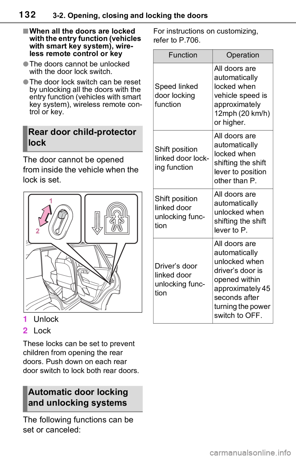 TOYOTA RAV4 HYBRID 2021 Owners Manual 1323-2. Opening, closing and locking the doors
■When all the doors are locked
with the entry function (vehicles
with smart key system), wire-
less remote control or key
●The doors cannot be unlo TOYOTA RAV4 HYBRID 2021 Owners Manual 1323-2. Opening, closing and locking the doors
■When all the doors are locked
with the entry function (vehicles
with smart key system), wire-
less remote control or key
●The doors cannot be unlo