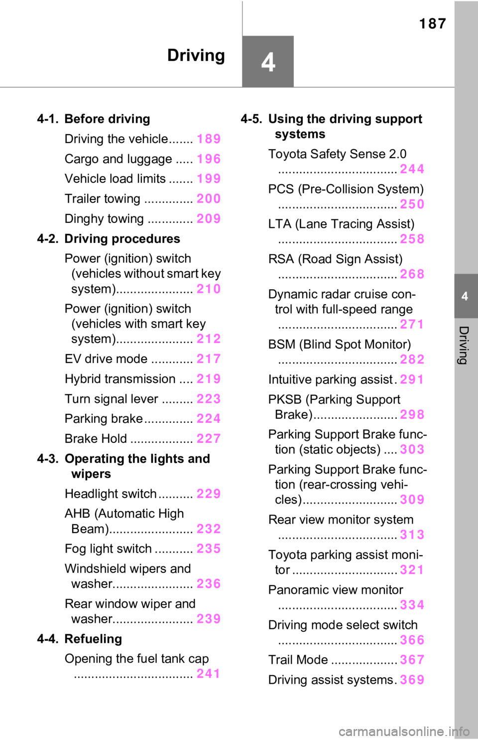 TOYOTA RAV4 HYBRID 2021 Owners Manual 187
4
4
Driving
Driving
4-1. Before drivingDriving the vehicle....... 189
Cargo and luggage ..... 196
Vehicle load limits ....... 199
Trailer towing .............. 200
Dinghy towing ............. 209
TOYOTA RAV4 HYBRID 2021 Owners Manual 187
4
4
Driving
Driving
4-1. Before drivingDriving the vehicle....... 189
Cargo and luggage ..... 196
Vehicle load limits ....... 199
Trailer towing .............. 200
Dinghy towing ............. 209