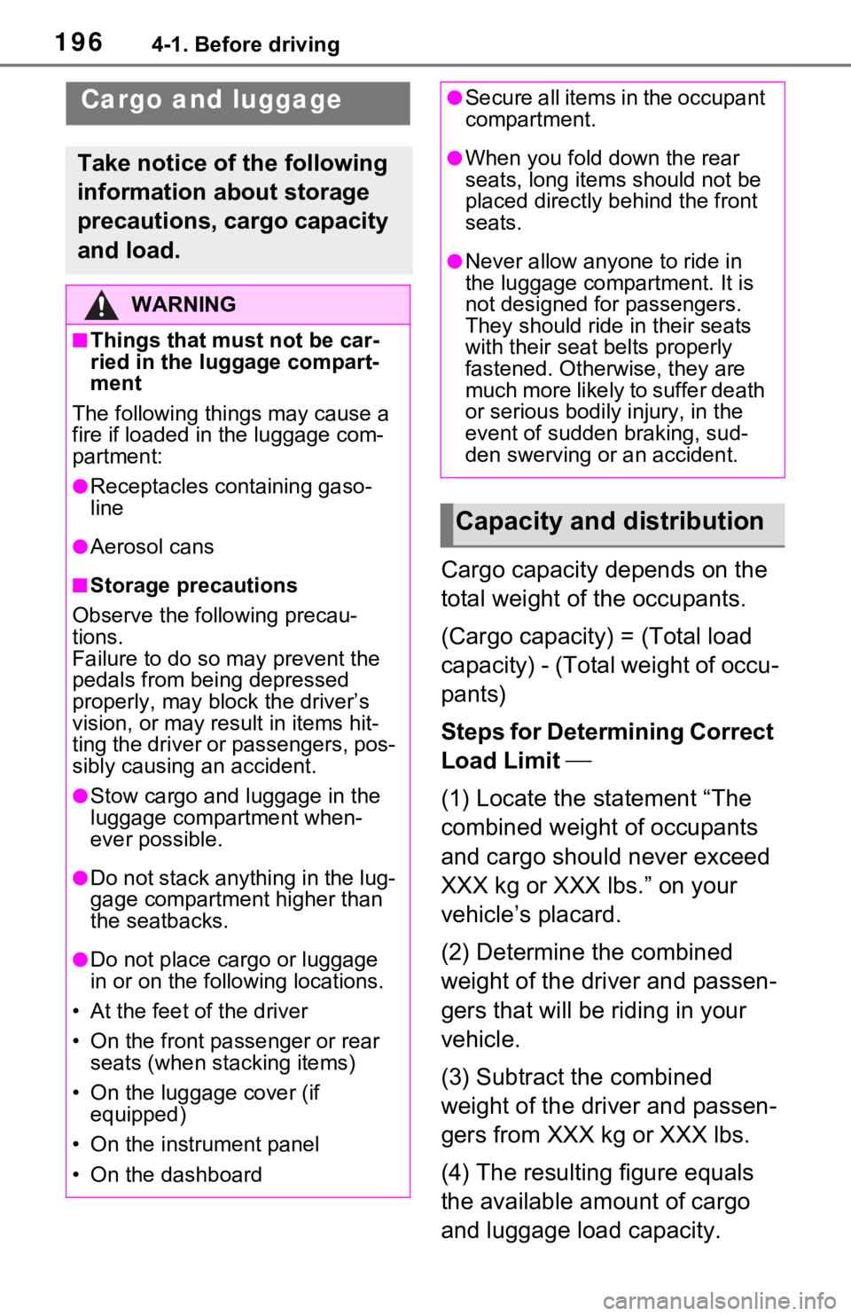 TOYOTA RAV4 HYBRID 2021 Owners Manual 1964-1. Before driving
Cargo capacity depends on the
total weight of the occupants.
(Cargo capacity) = (Total load
capacity) - (Total weight of occu-
pants)
Steps for Determining Correct
Load Limit TOYOTA RAV4 HYBRID 2021 Owners Manual 1964-1. Before driving
Cargo capacity depends on the
total weight of the occupants.
(Cargo capacity) = (Total load
capacity) - (Total weight of occu-
pants)
Steps for Determining Correct
Load Limit