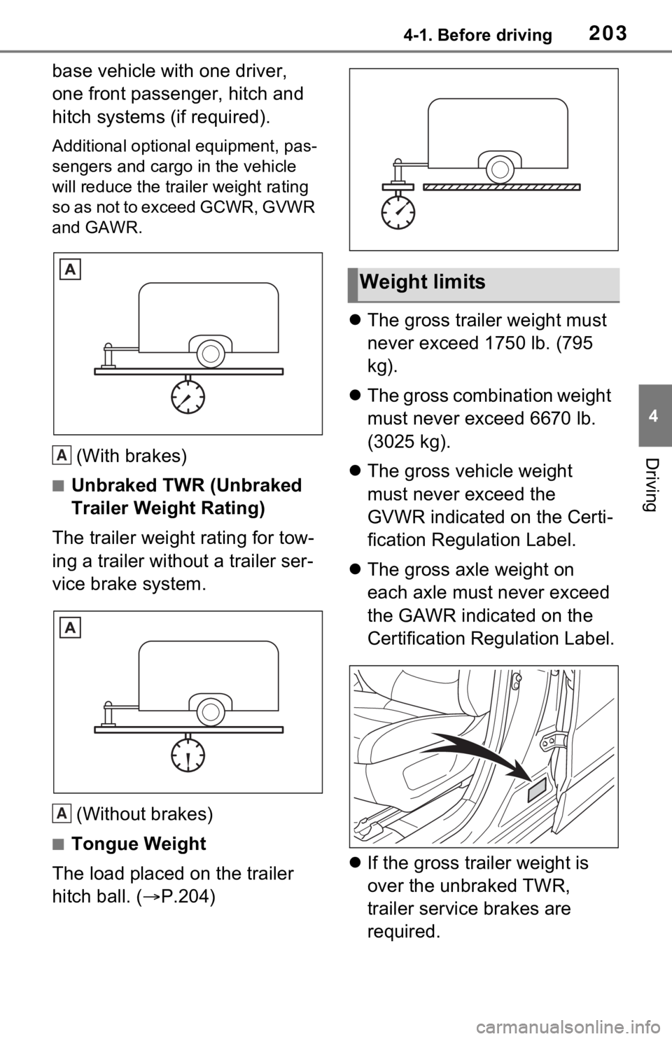 TOYOTA RAV4 HYBRID 2021 Owners Manual 2034-1. Before driving
4
Driving
base vehicle with one driver,
one front passenger, hitch and
hitch systems (if required).
Additional optional equipment, pas-
sengers and cargo in the vehicle
will TOYOTA RAV4 HYBRID 2021 Owners Manual 2034-1. Before driving
4
Driving
base vehicle with one driver,
one front passenger, hitch and
hitch systems (if required).
Additional optional equipment, pas-
sengers and cargo in the vehicle
will