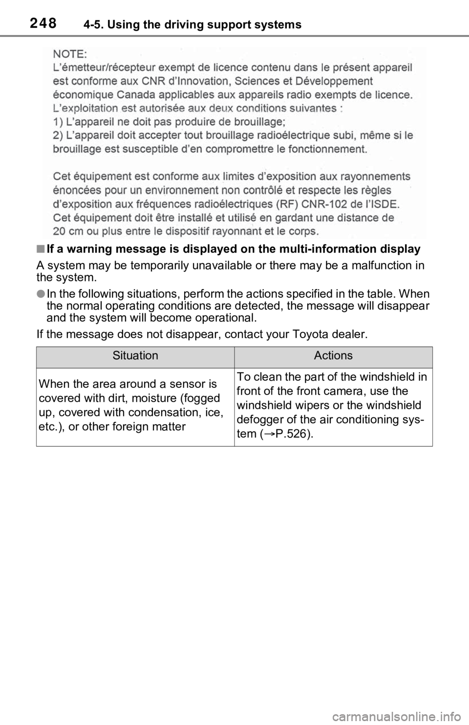 TOYOTA RAV4 HYBRID 2021 Owners Manual 2484-5. Using the driving support systems
■If a warning message is displayed on the multi-information display
A system may be temporarily unava ilable or there may be a malfunction in
the system.
TOYOTA RAV4 HYBRID 2021 Owners Manual 2484-5. Using the driving support systems
■If a warning message is displayed on the multi-information display
A system may be temporarily unava ilable or there may be a malfunction in
the system.