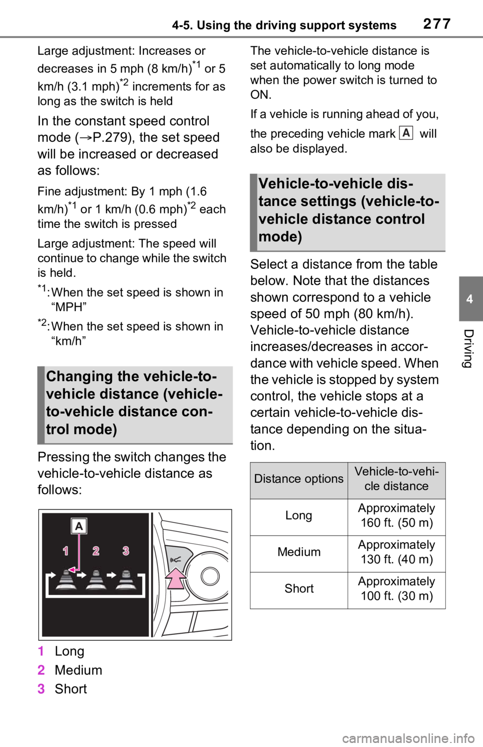 TOYOTA RAV4 HYBRID 2021 Manual Online 2774-5. Using the driving support systems
4
Driving
Large adjustment: Increases or
decreases in 5 mph (8 km/h)
*1 or 5
km/h (3.1 mph)
*2 increments for as
long as the switch is held
In the constant TOYOTA RAV4 HYBRID 2021 Manual Online 2774-5. Using the driving support systems
4
Driving
Large adjustment: Increases or
decreases in 5 mph (8 km/h)
*1 or 5
km/h (3.1 mph)
*2 increments for as
long as the switch is held
In the constant