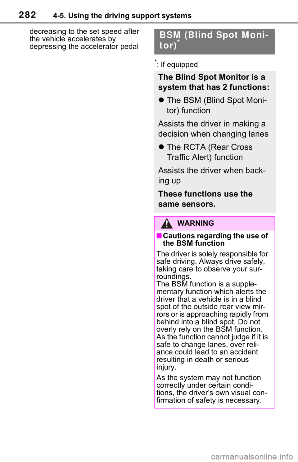 TOYOTA RAV4 HYBRID 2021 Owners Guide 2824-5. Using the driving support systems
decreasing to the set speed after
the vehicle accelerates by
depressing the accelerator pedal
*: If equipped
BSM (Blind Spot Moni-
tor)*
The Blind Spot Moni TOYOTA RAV4 HYBRID 2021 Owners Guide 2824-5. Using the driving support systems
decreasing to the set speed after
the vehicle accelerates by
depressing the accelerator pedal
*: If equipped
BSM (Blind Spot Moni-
tor)*
The Blind Spot Moni